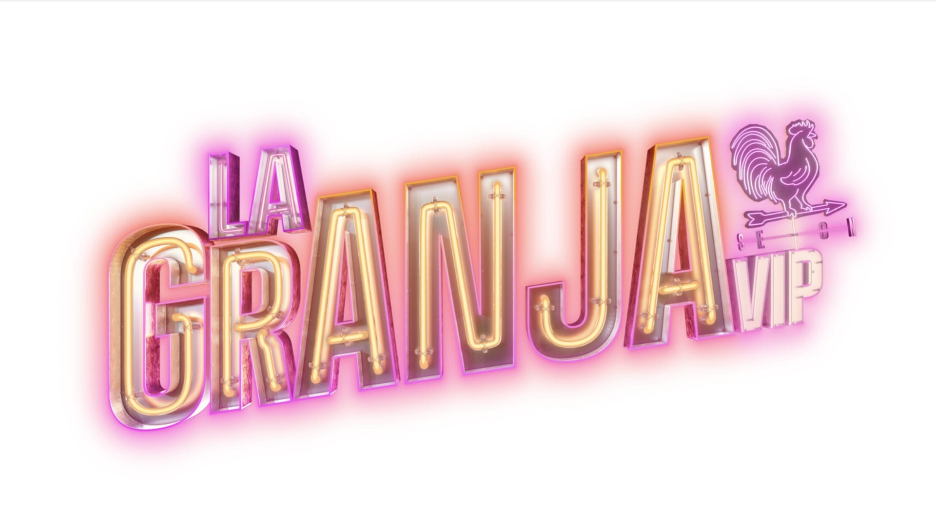 Logotipo de La Granja VIP en letras de neón rosa y dorado, con un gallo como remate, sobre fondo blanco.