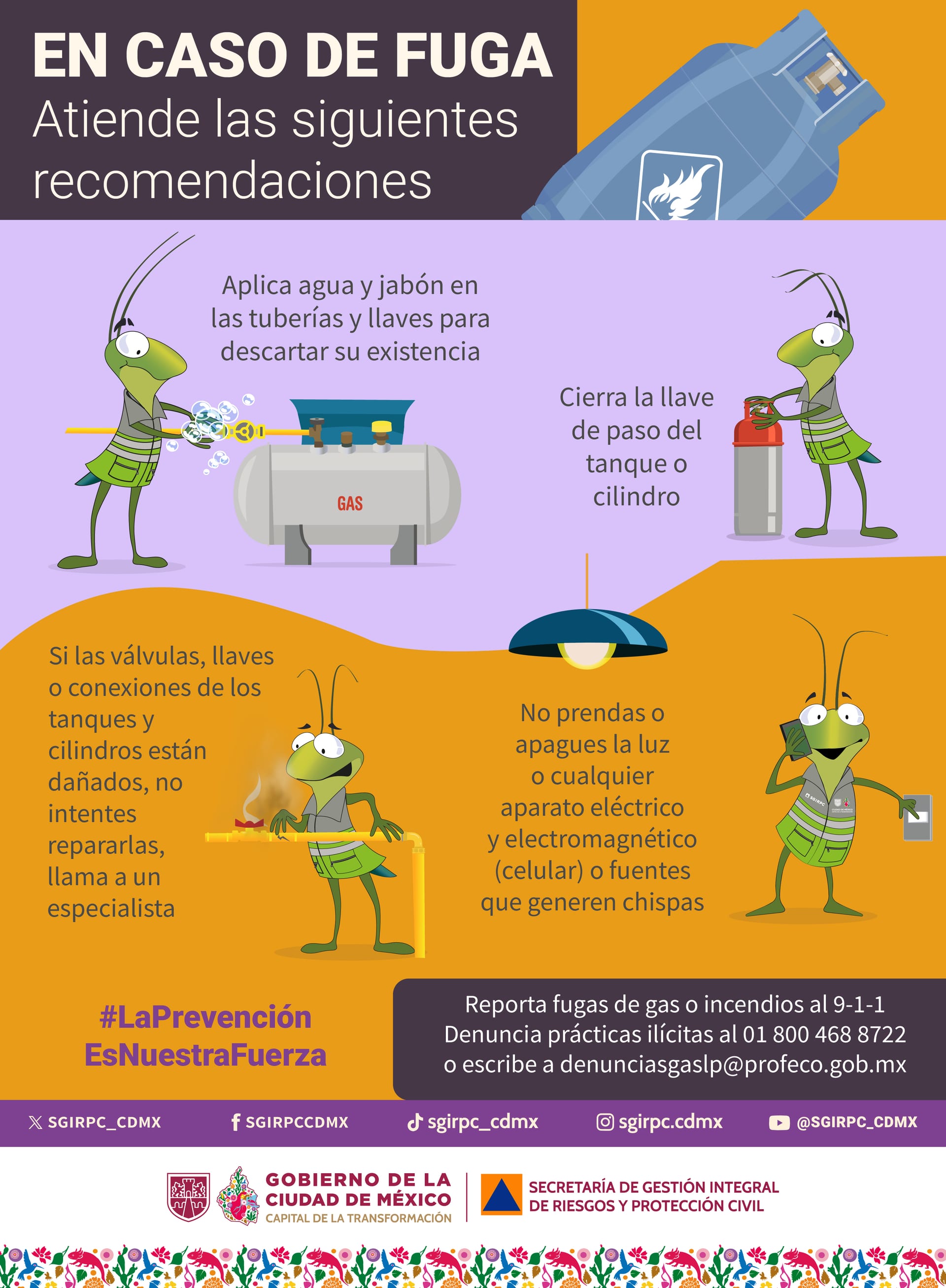 Lámina de la SGIRPC titulada «En caso de fuga»: agua y jabón en tuberías y llaves, cerrar la llave de paso, no reparar piezas dañadas y no usar interruptores ni celular; incluye el 9-1-1 y el teléfono de denuncias de Profeco.