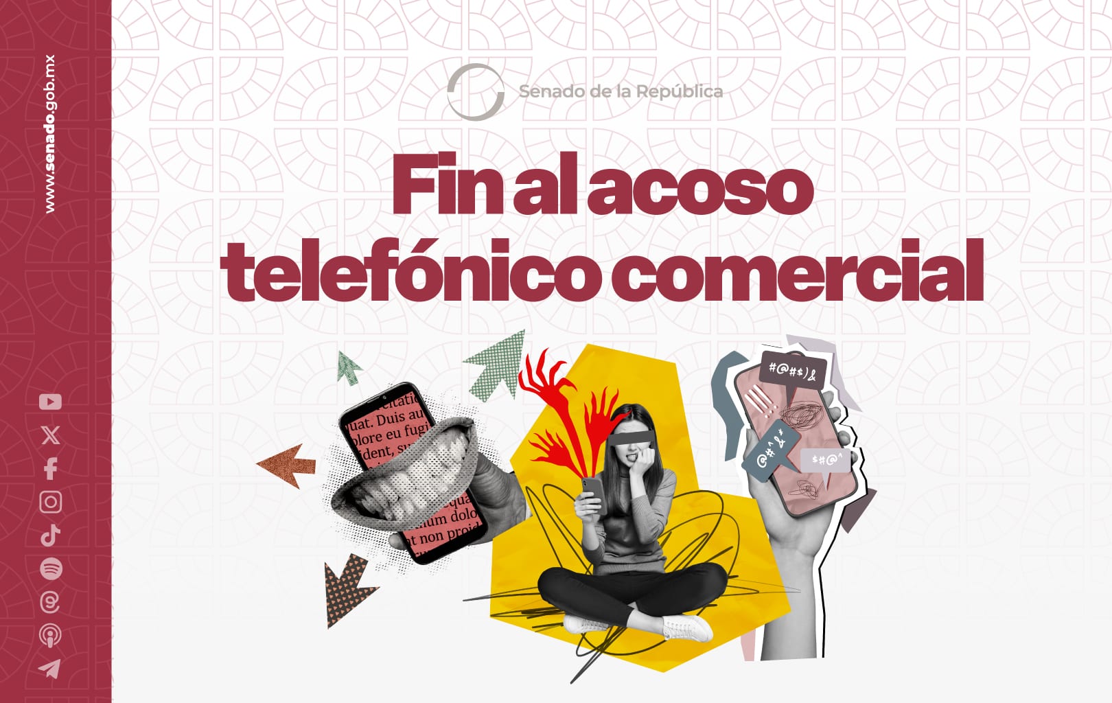 Gráfica del Senado con el título Fin al acoso telefónico comercial y un collage de una mujer sentada con un celular entre manos y teléfonos con mensajes.