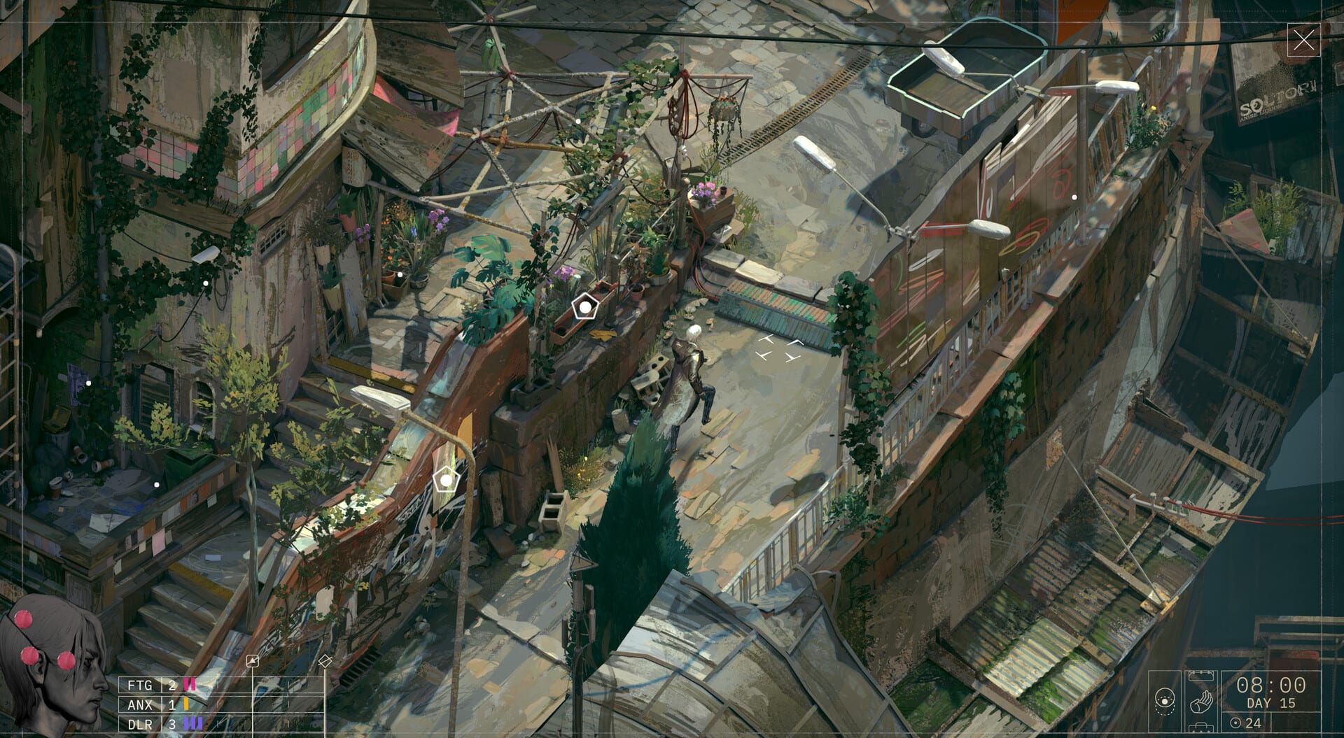 Captura de Zero Parades: Director's Cut: vista aérea de un complejo de edificios cubierto de vegetación.