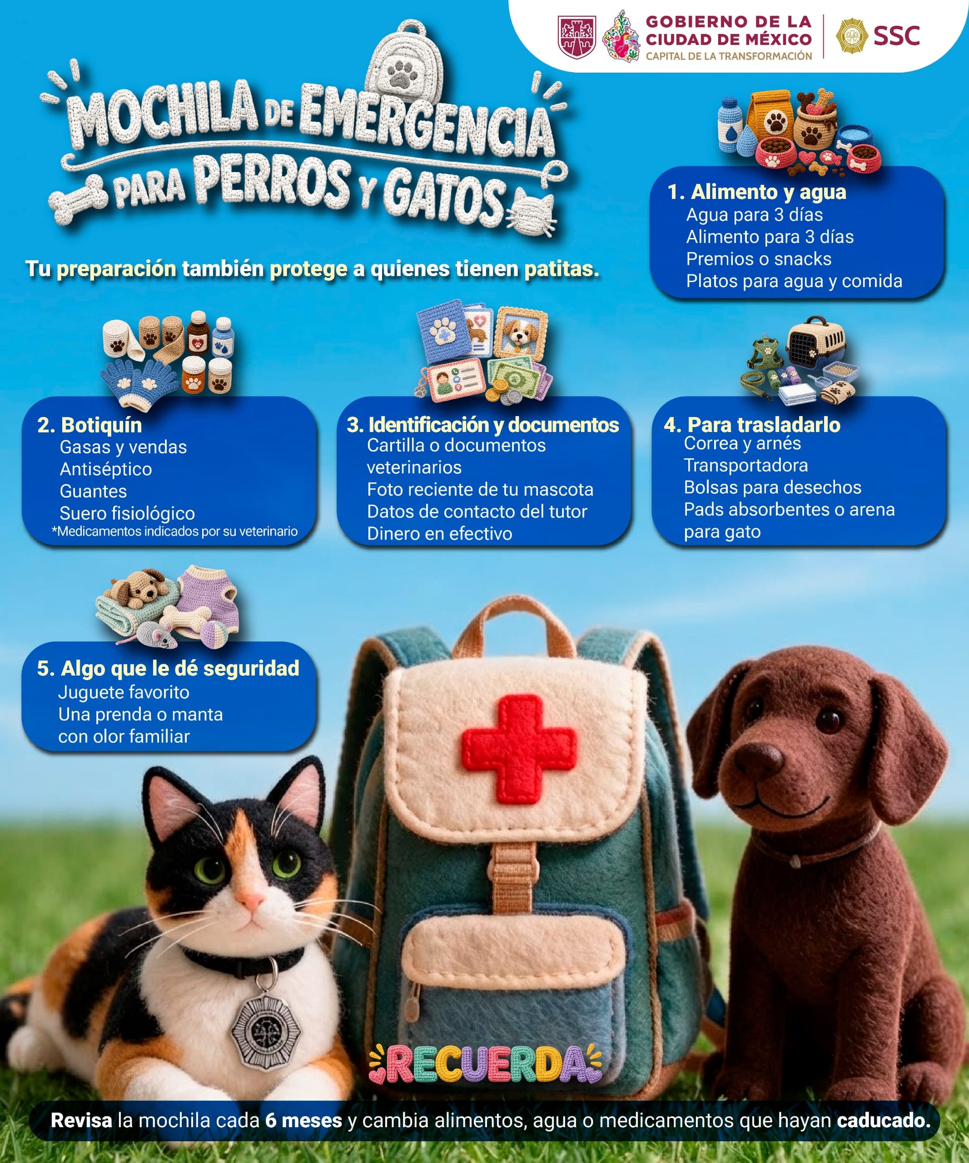 Infografía de la SSC: mochila de emergencia para perros y gatos, con cinco rubros: alimento y agua, botiquín, identificación y documentos, traslado y algo que le dé seguridad.