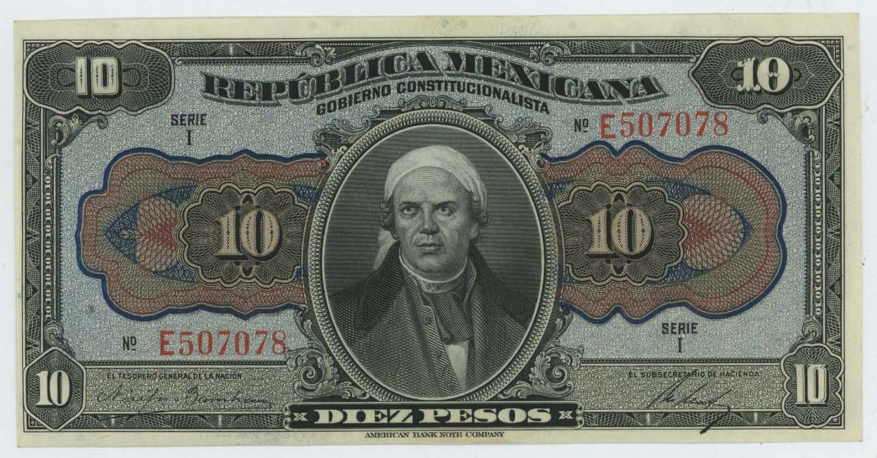 Billete histórico de diez pesos de la República Mexicana, con el retrato de un hombre en un óvalo central y la leyenda "Gobierno Constitucionalista".