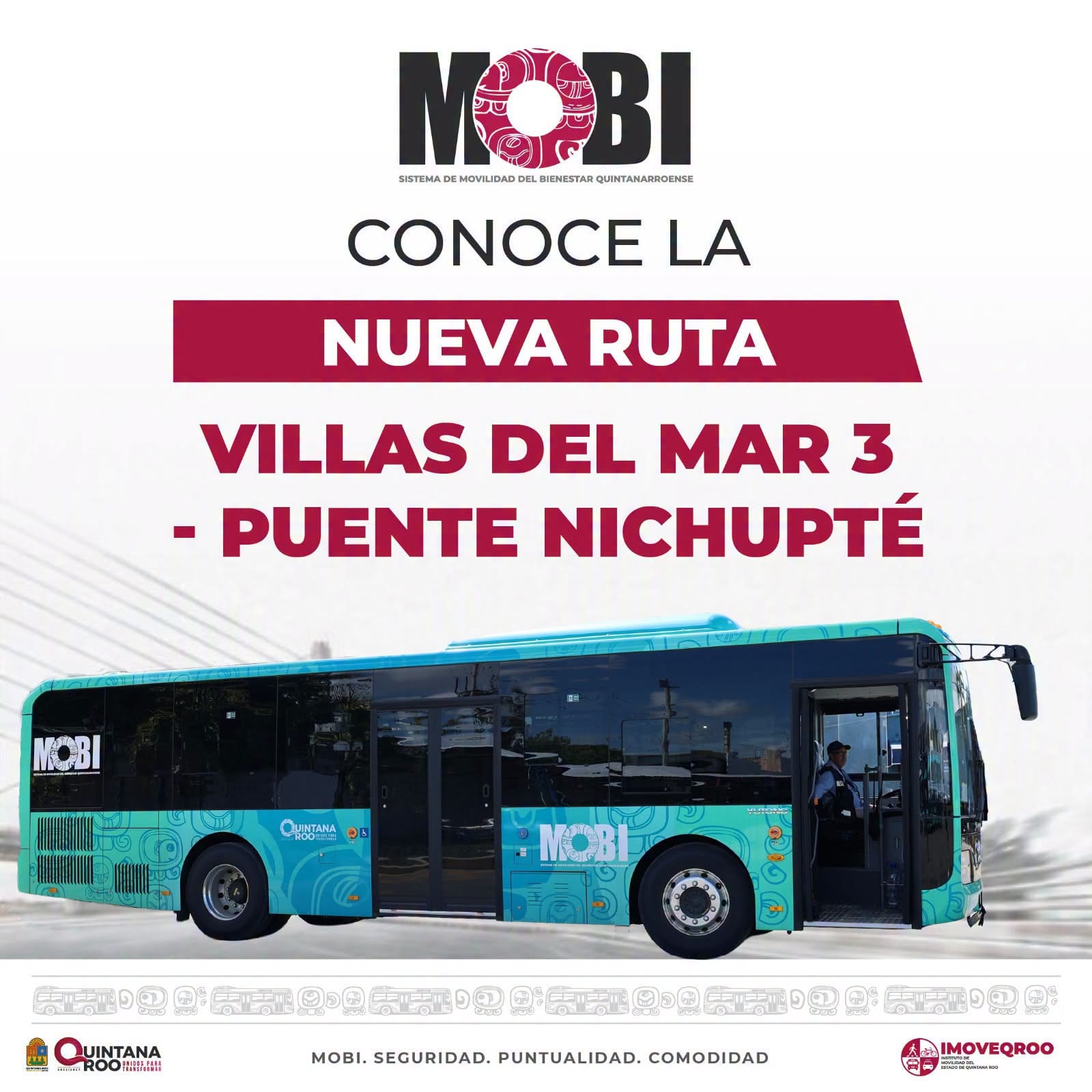 Cartel de MOBI con un autobús turquesa y el texto: Conoce la nueva ruta Villas del Mar 3 - Puente Nichupté, con los logotipos de MOBI, del Gobierno de Quintana Roo e IMOVEQROO.
