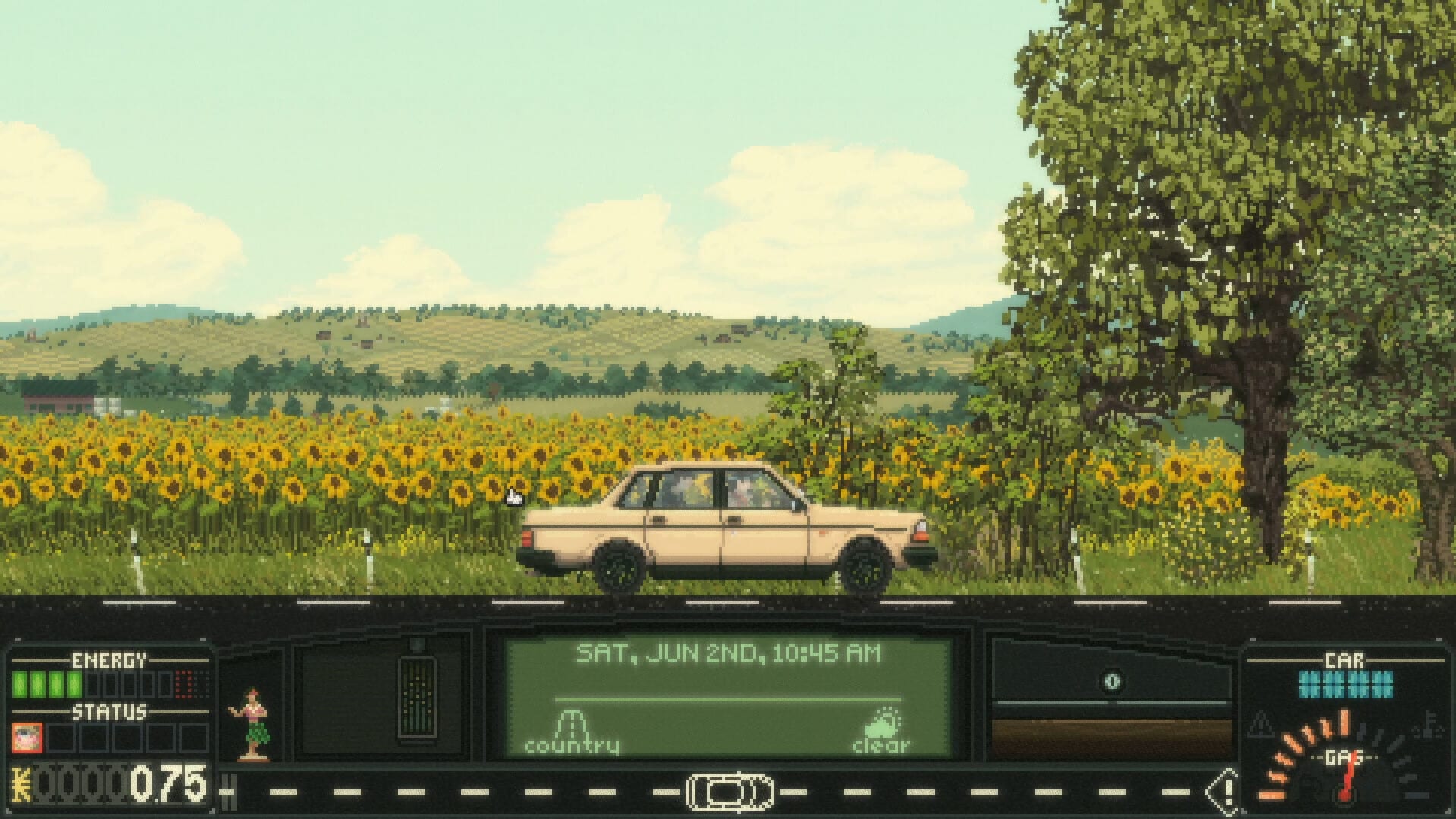 Un auto color crema circula por una carretera junto a un campo de girasoles bajo un cielo despejado.