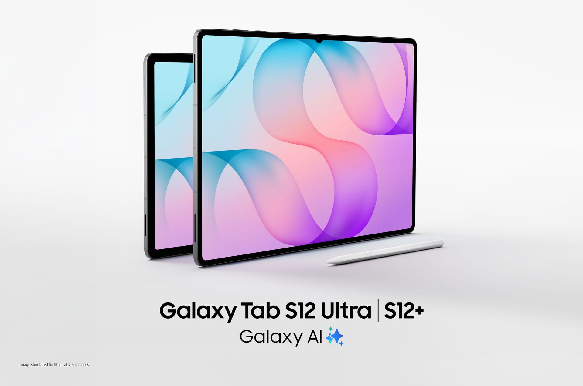 Dos tabletas Galaxy Tab S12 en perspectiva, una detrás de otra, con un fondo de ondas rosas, azules y moradas en pantalla y un S Pen blanco al frente.