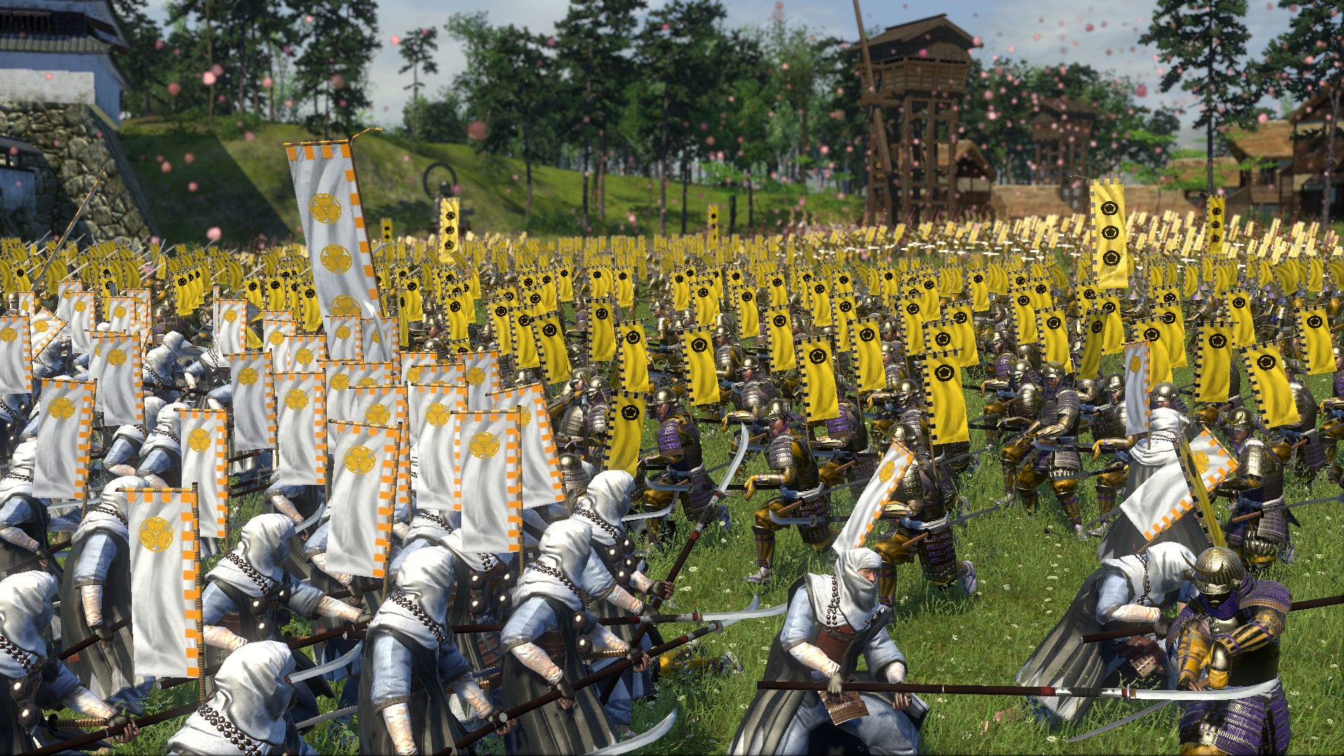 Two Japanese infantry armies with yellow and white banners clash in a meadow, with a wooden tower in the background.