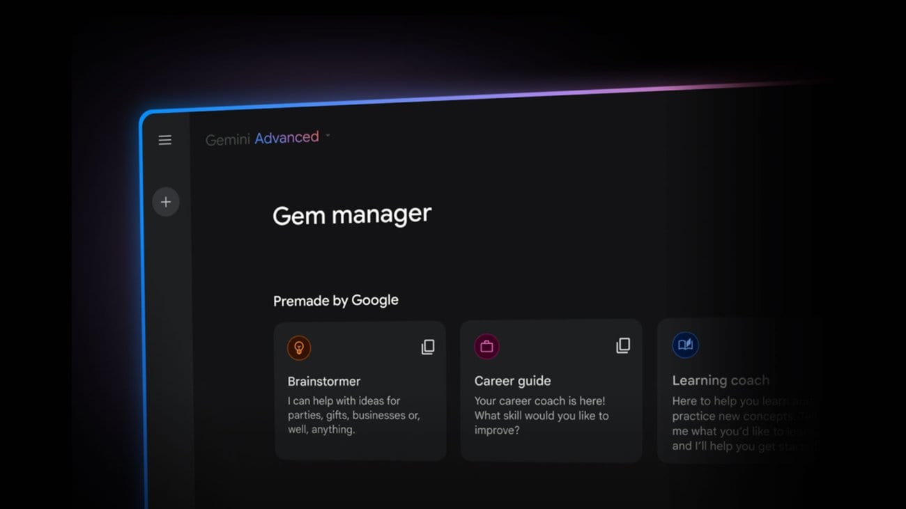 Pantalla oscura del administrador de Gems de Gemini con tres asistentes prediseñados por Google, entre ellos Brainstormer y Career guide.