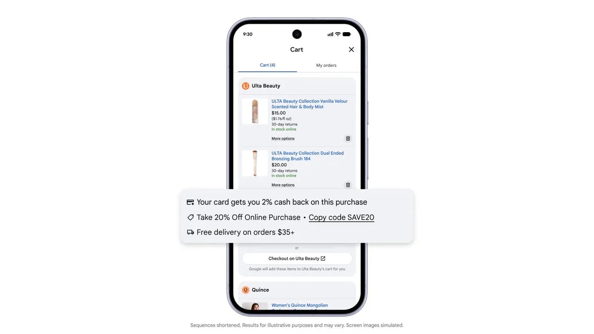 Pantalla simulada del carrito de Google en un teléfono, con productos de Ulta Beauty y avisos de reembolso con la tarjeta, un código promocional y envío gratis.