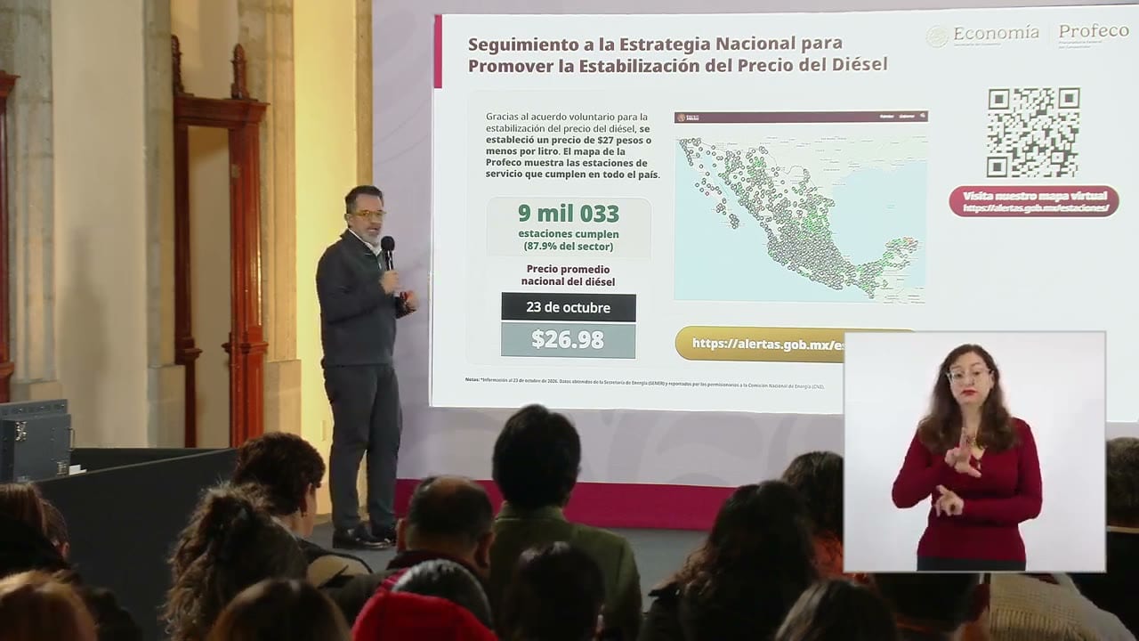 Lámina proyectada en la conferencia: Seguimiento a la Estrategia Nacional para Promover la Estabilización del Precio del Diésel.