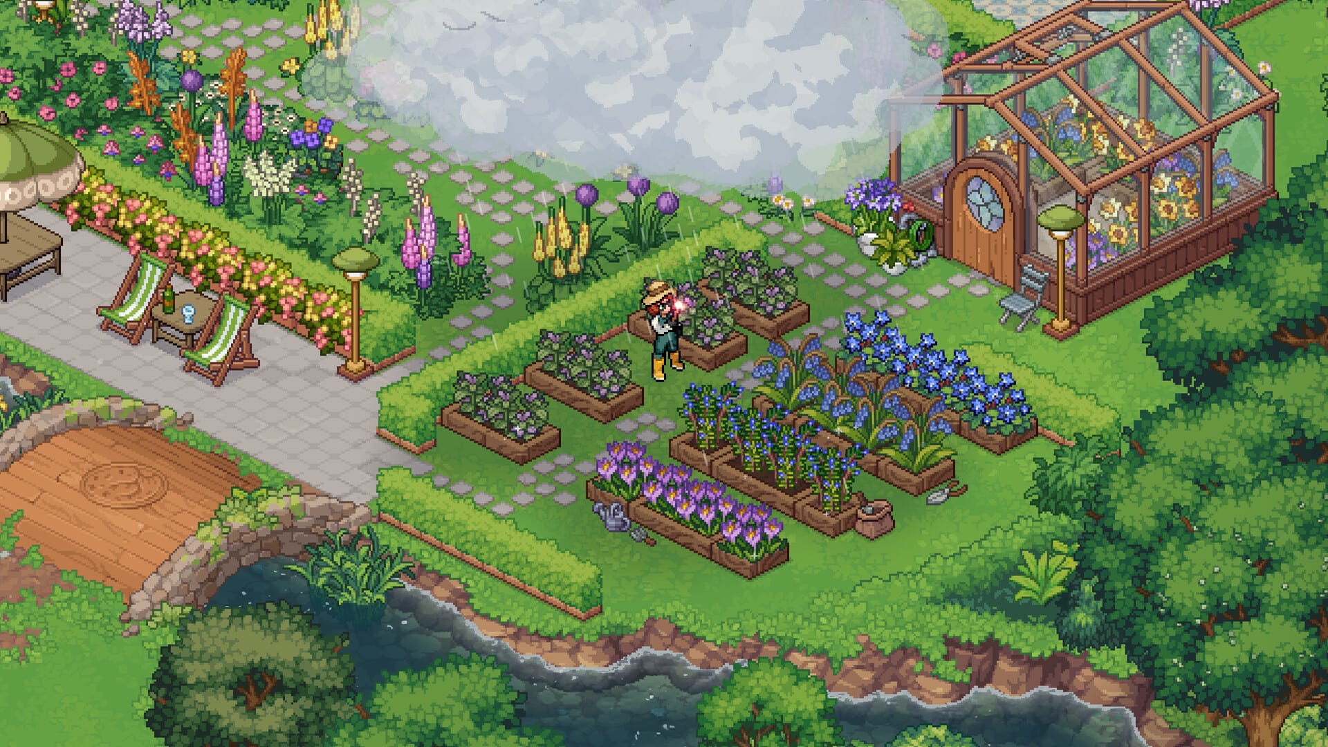 A player in a straw hat waters purple and blue flower beds next to a wooden greenhouse, in isometric pixel art.