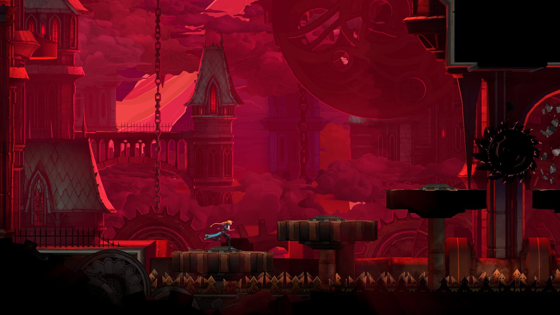 A young woman in a yellow scarf runs across gear-shaped platforms under a red sky, with gothic towers behind her and a circular saw on the right.