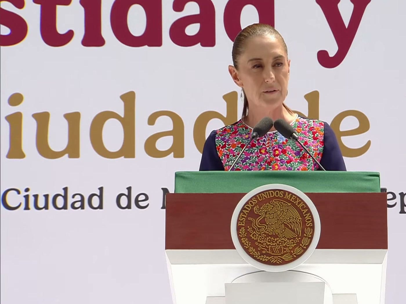 Claudia Sheinbaum de pie tras un atril con el escudo nacional, frente a un fondo blanco con letras color vino.