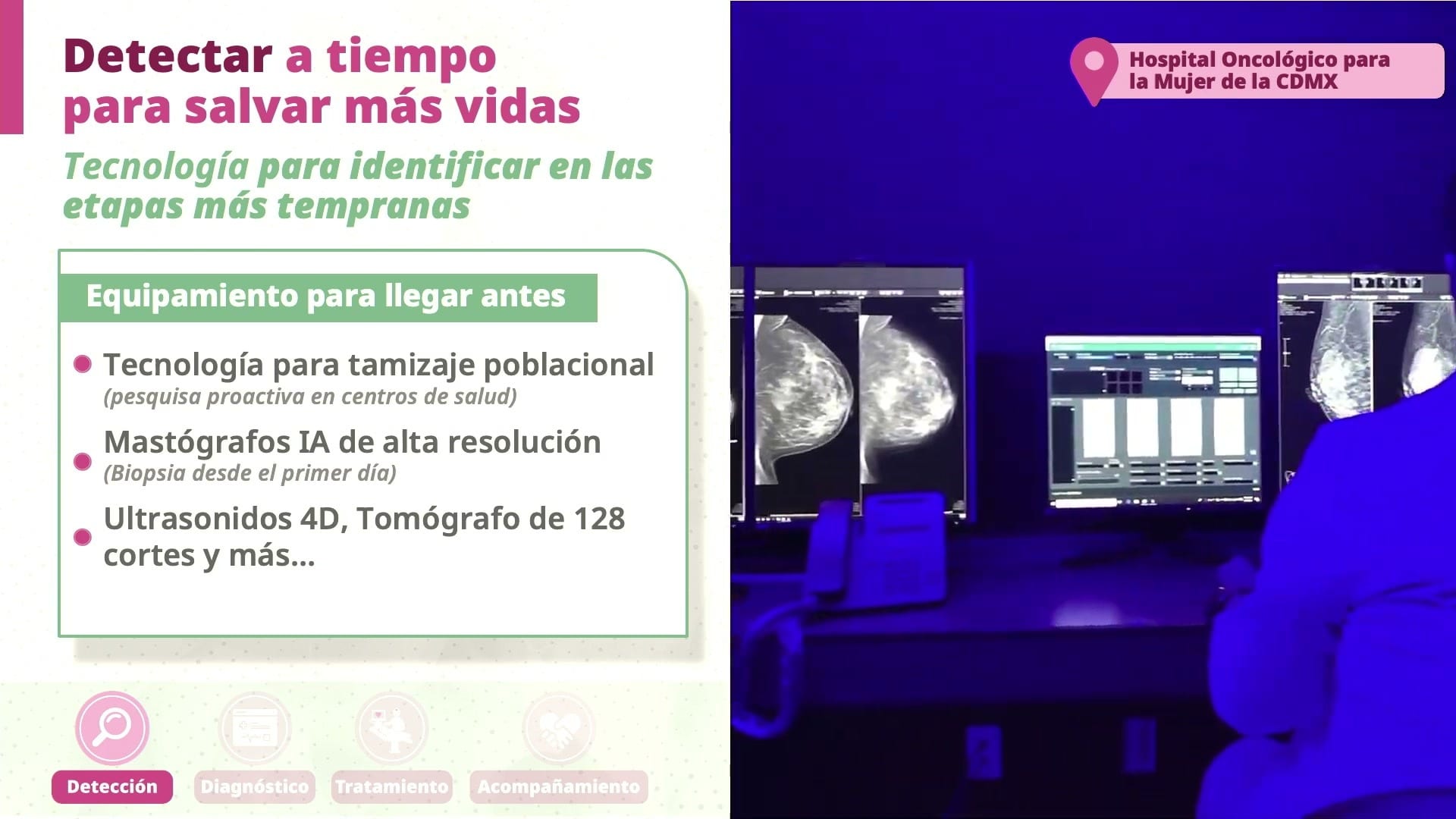 Lámina de la conferencia con el título "Detectar a tiempo para salvar más vidas" y, a la derecha, mastografías en las pantallas de una sala de lectura.