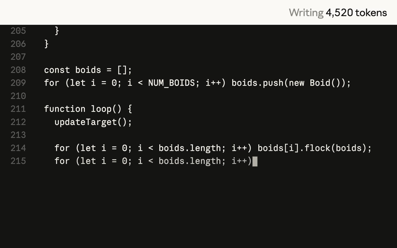Editor de código con líneas de JavaScript numeradas del 205 al 215 sobre fondo oscuro y el rótulo "Writing 4,520 tokens" en la parte superior.