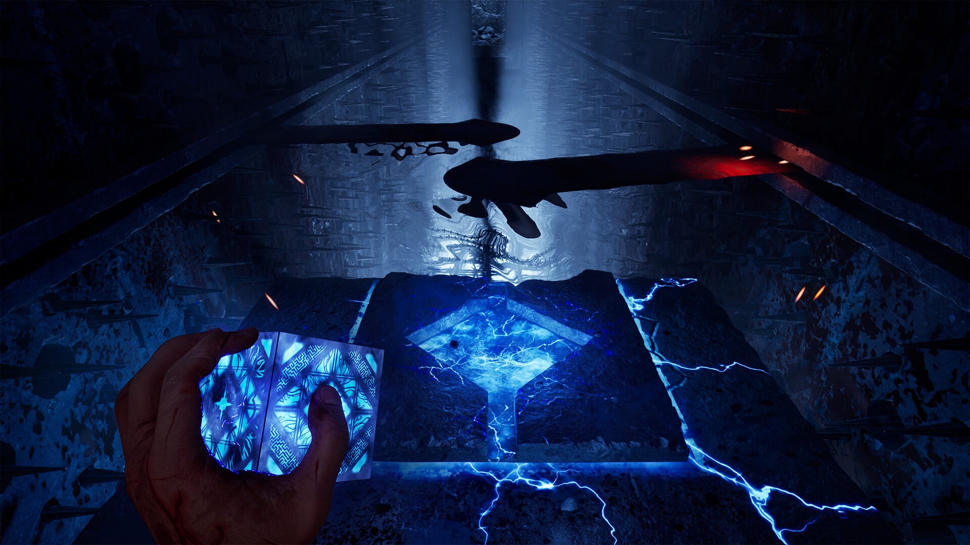 First-person view: a hand grips the glowing blue puzzle cube in front of a cracked slab with lightning, under hanging spears.