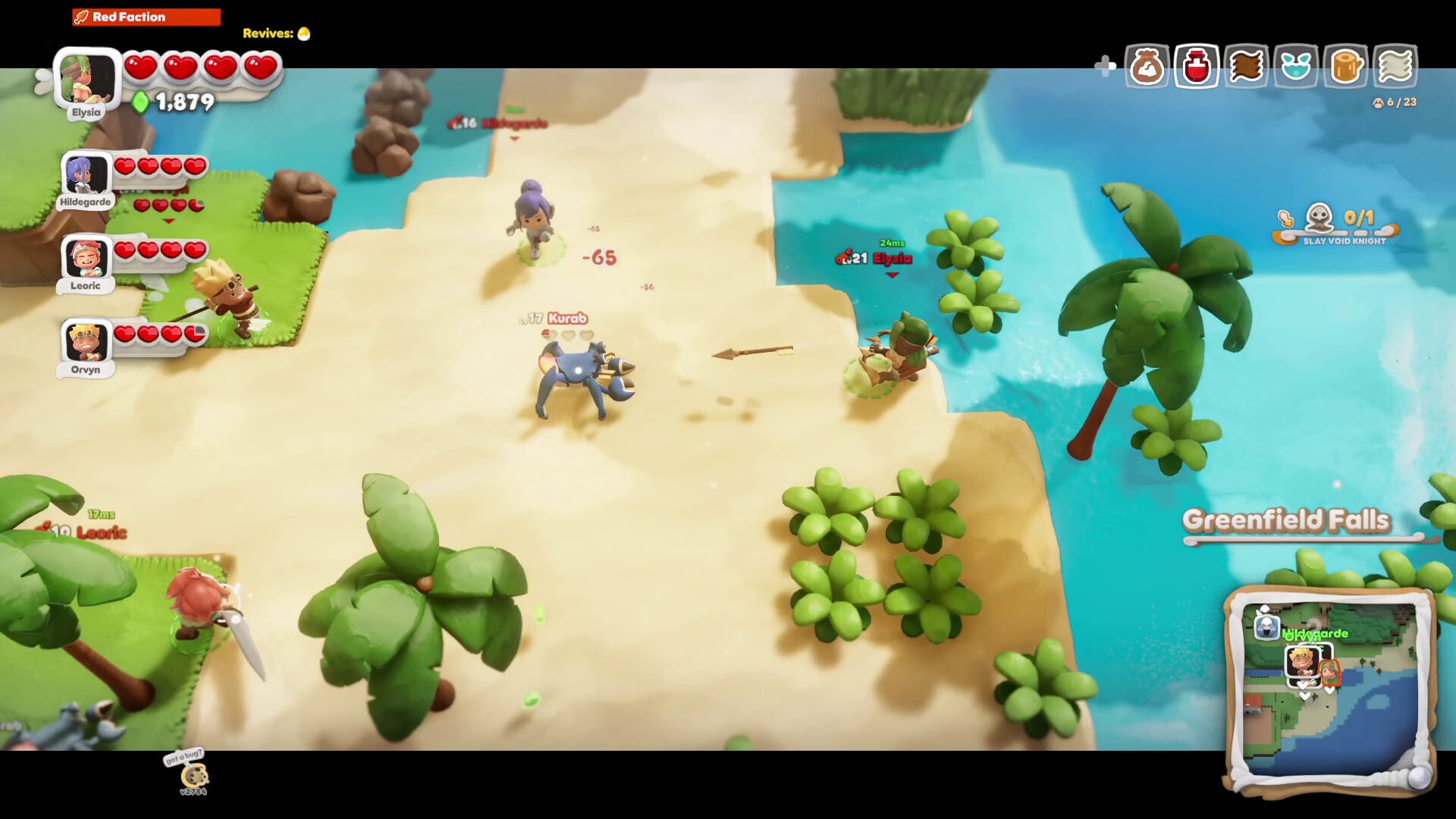 Captura de Scramble Knights Online: personajes en una isla con palmeras, con mapa y barras de vida en pantalla.