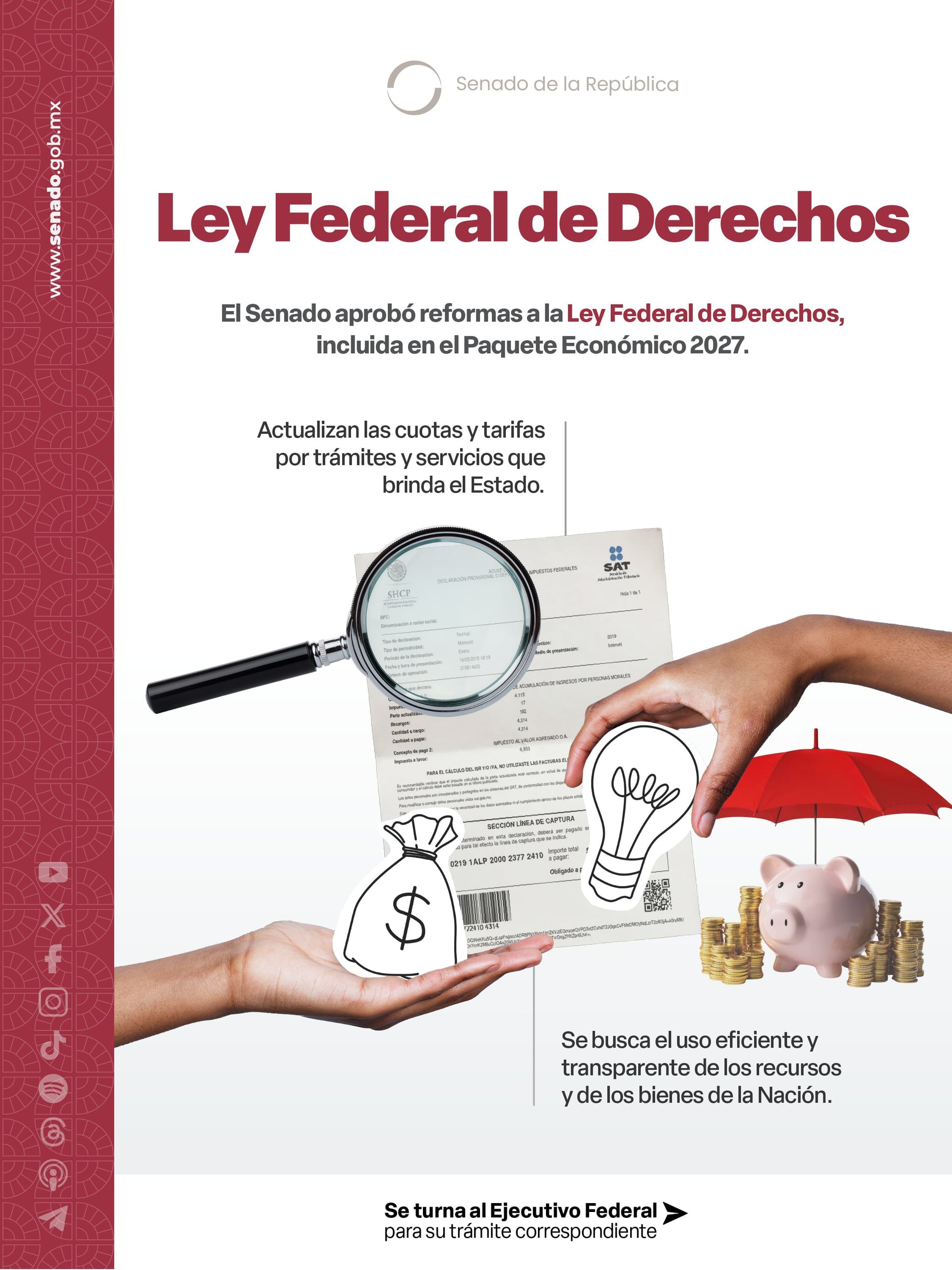 Lámina del Senado sobre la Ley Federal de Derechos, con la aprobación de reformas del Paquete Económico 2027 que actualizan cuotas y tarifas, y su turno al Ejecutivo Federal.