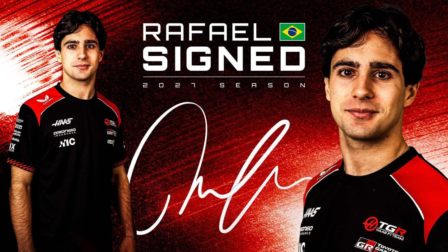 Announcement graphic with two portraits of Rafael Câmara in Haas's black and red shirt, a white signature in the middle and the Brazilian flag next to his name.