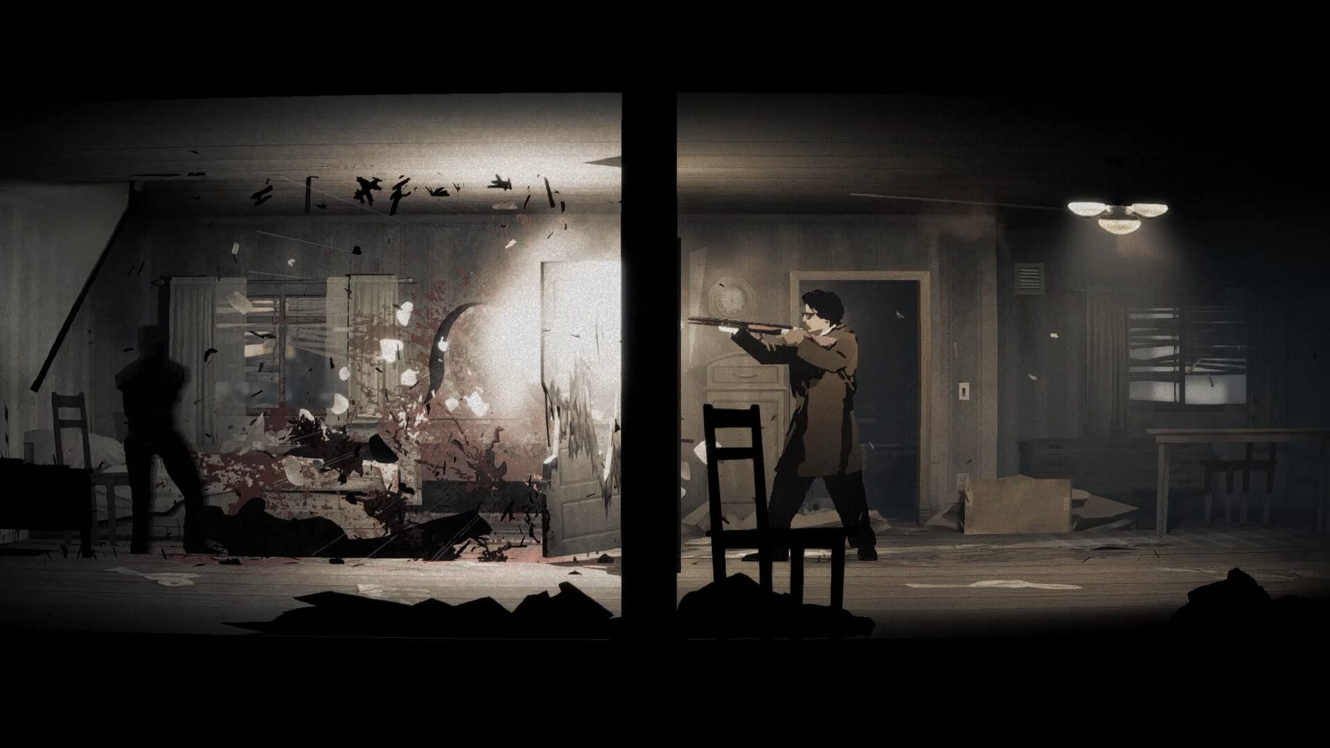 Inside a dim house, a man in a trench coat and glasses aims a shotgun into the next room as splinters and blood burst out.