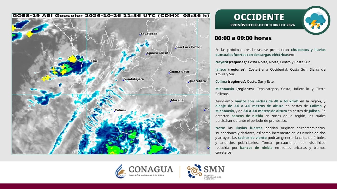 Pronóstico regional del SMN para el occidente de México, de 06:00 a 09:00 horas, sobre una imagen de satélite