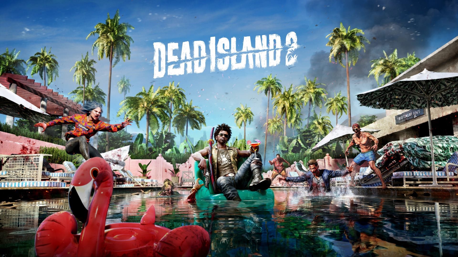 Imagen promocional de Dead Island 2: un hombre con katana descansa en un sillón inflable en una piscina mientras zombis atacan alrededor.