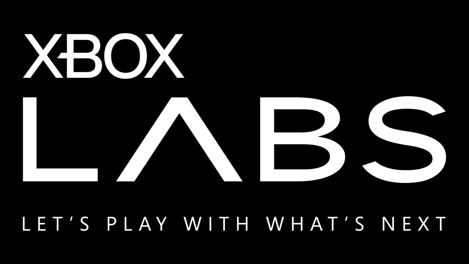White letters on a black background reading XBOX LABS, with the slogan "Let's play with what's next" in spaced capitals underneath.