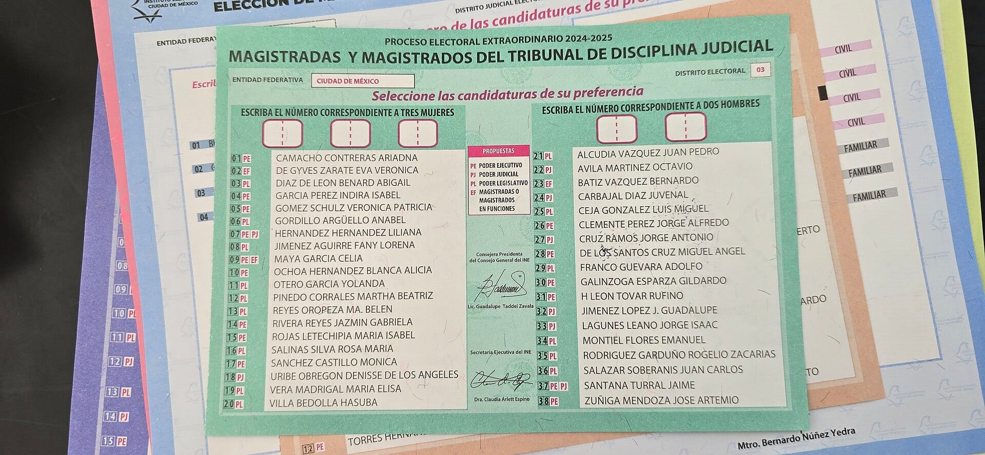 Boleta de la elección judicial de 2025 con la lista de candidaturas a magistraturas del Tribunal de Disciplina Judicial.