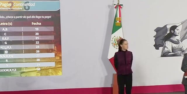 Tabla en la pantalla grande con el título «Pagos Continuidad», con las columnas «Letra (s)» y «Fecha»: A,B el 19; C el 20; D,E,F el 21; G el 22; H,I,J,K,L el 23; M el 26; N,Ñ,O,P,Q el 27; R el 28; S el 29; U,V,W,X,Y,Z el 30.