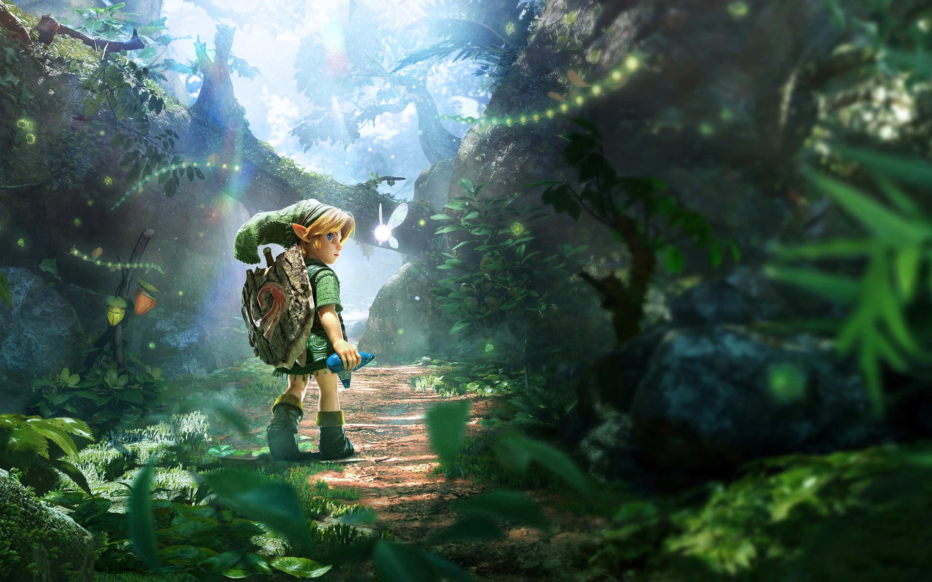 Young Link walks down a forest path with a firefly beside him, glancing back with the blue ocarina in his hand.