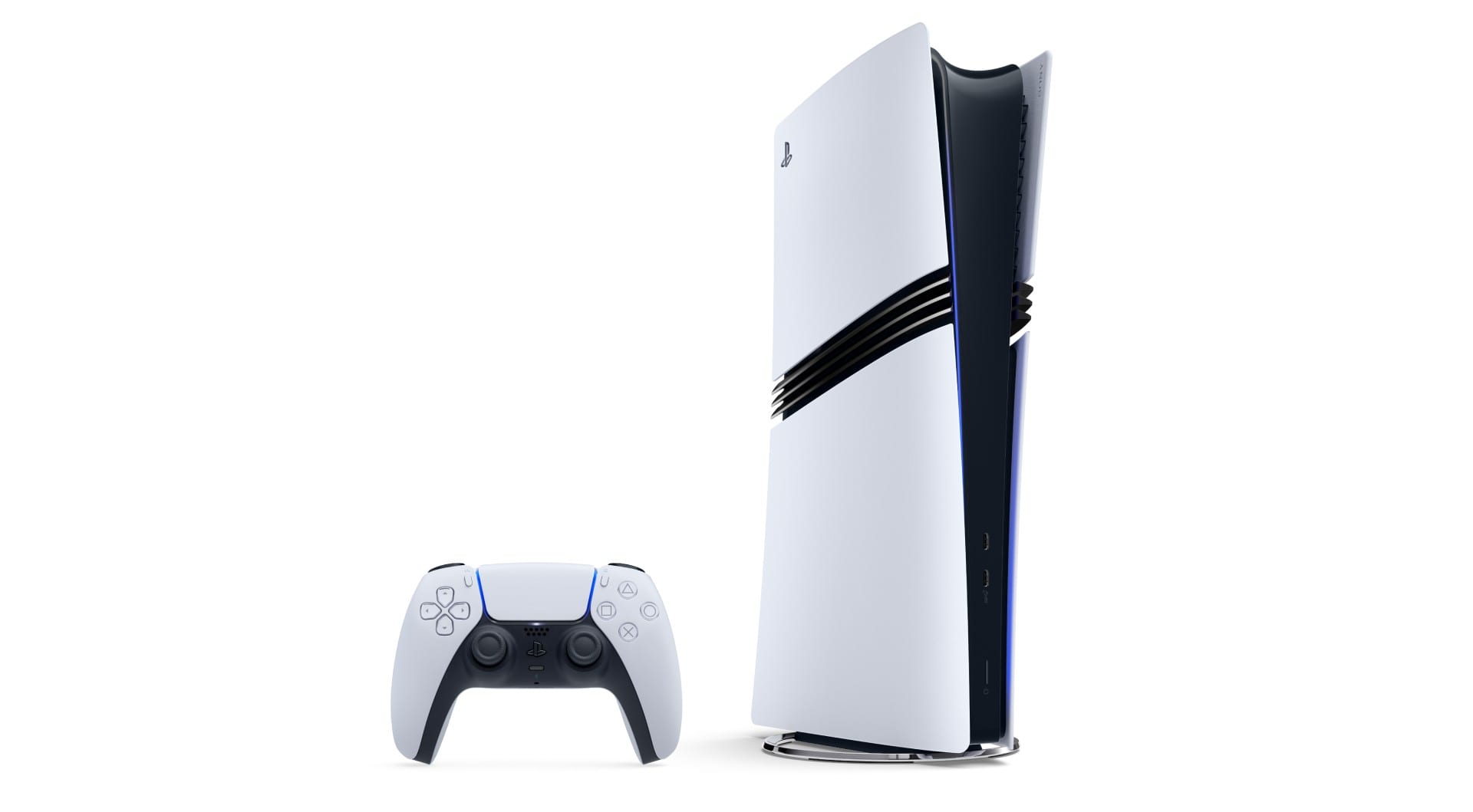 A white and black PlayStation 5 Pro console standing next to a DualSense controller on a white background.