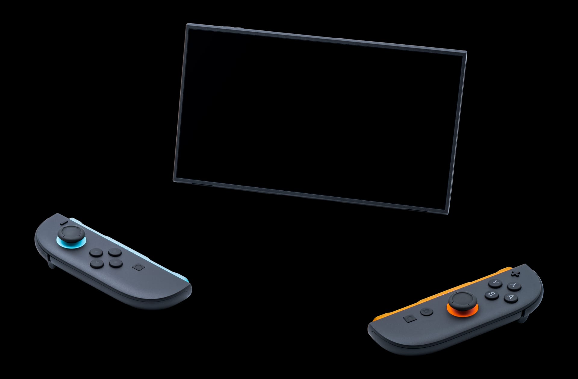 La pantalla de una Switch 2 en posición inclinada, con un Joy-Con gris de botón azul a la izquierda y otro de botón naranja a la derecha.