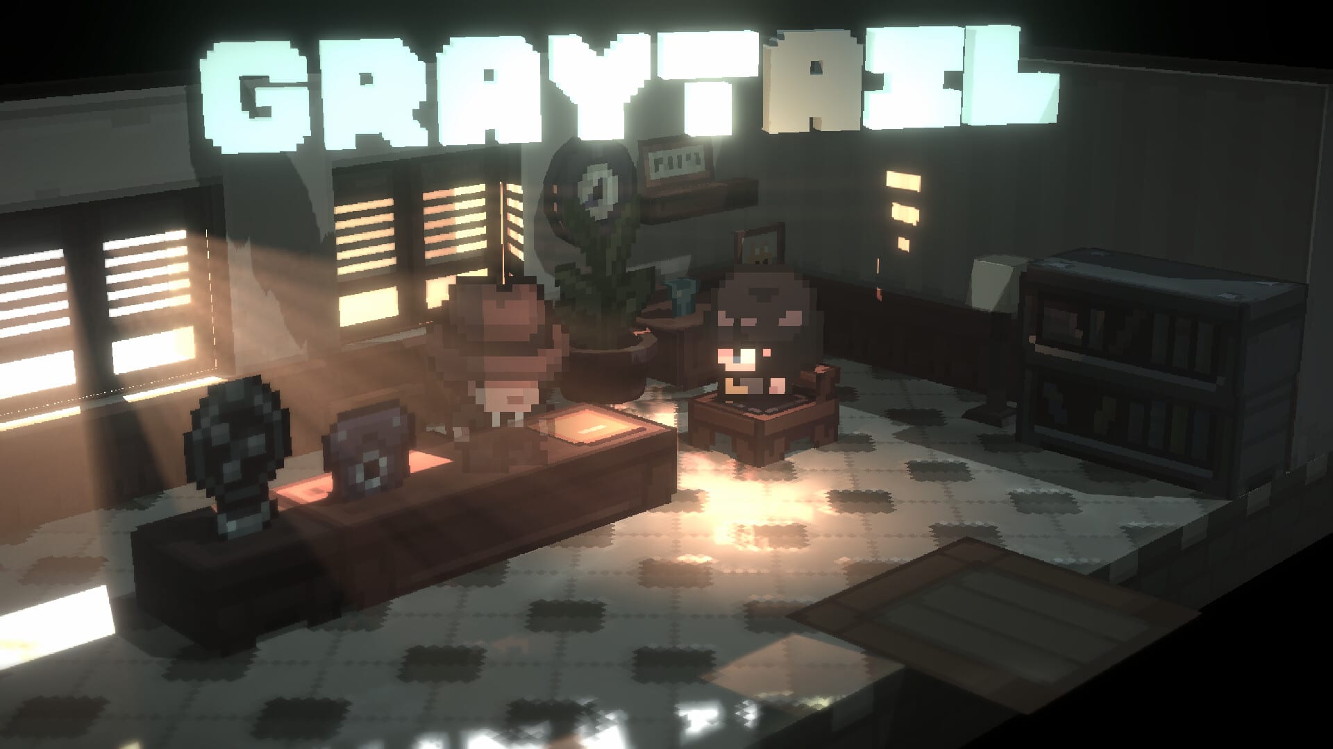 Captura de Graytail: una sala con el título Graytail en un letrero luminoso y objetos en estilo de píxeles.