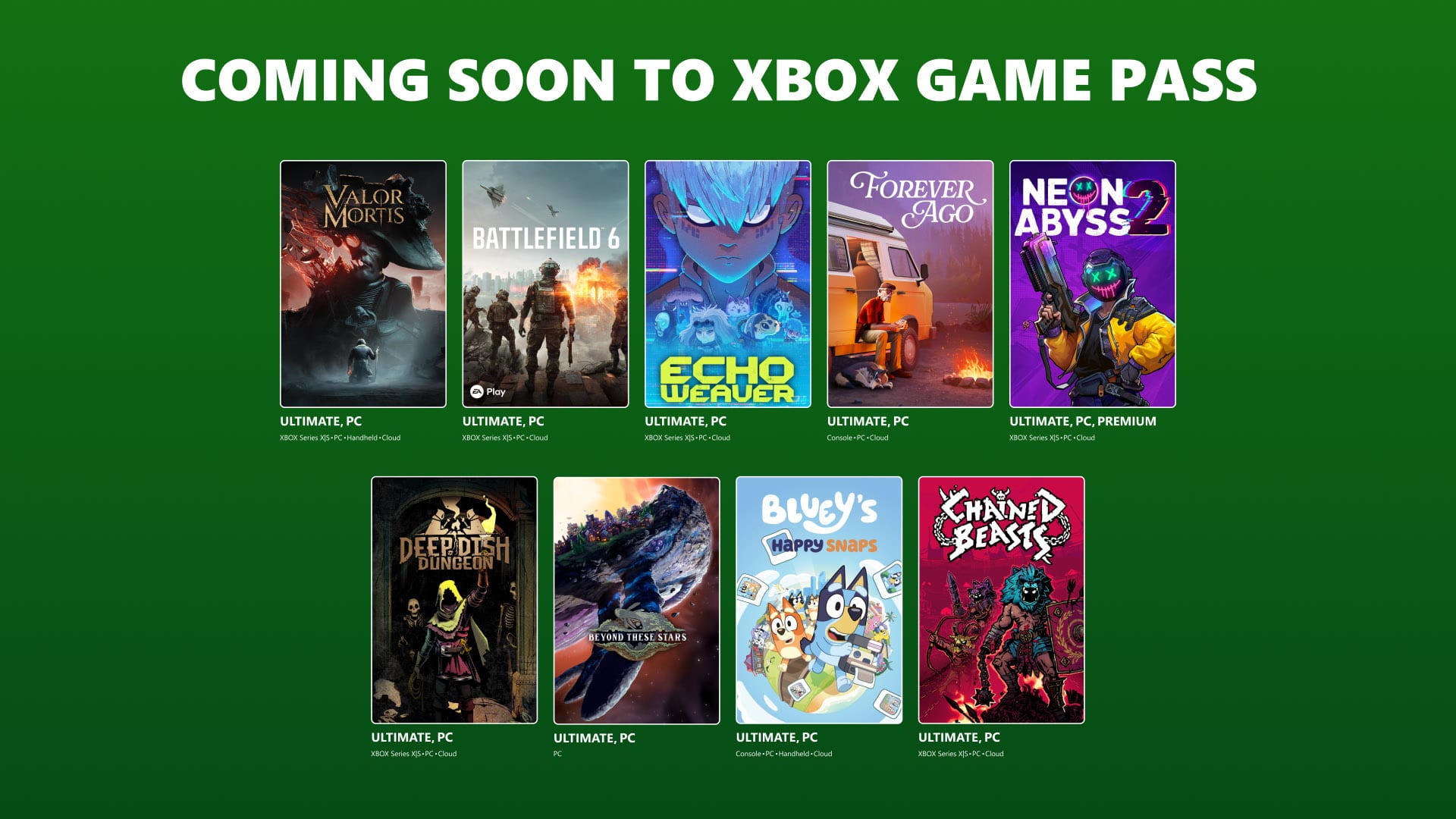 Green poster showing the covers of nine games in two rows, including Valor Mortis, Battlefield 6, Echo Weaver, Forever Ago and Neon Abyss 2.
