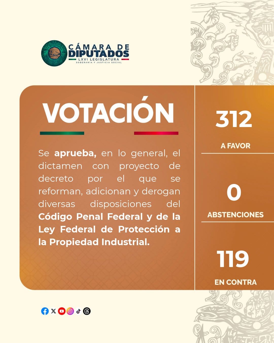 Lámina de la Cámara de Diputados con la votación en lo general: 312 votos a favor, 0 abstenciones y 119 en contra.