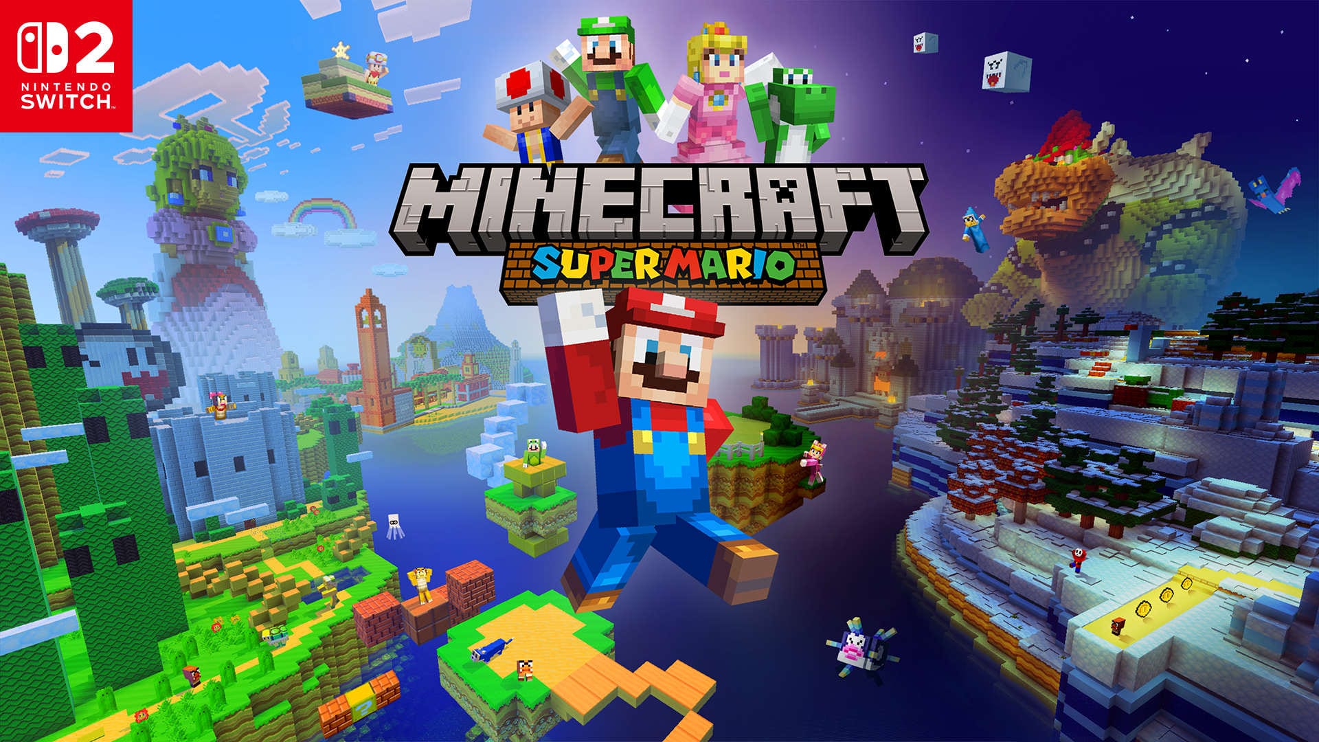 Mario de bloques salta en el centro de un mundo de Minecraft con Peach, Luigi, Toad y Yoshi arriba, un Bowser gigante a la derecha y el logotipo de Minecraft Super Mario.
