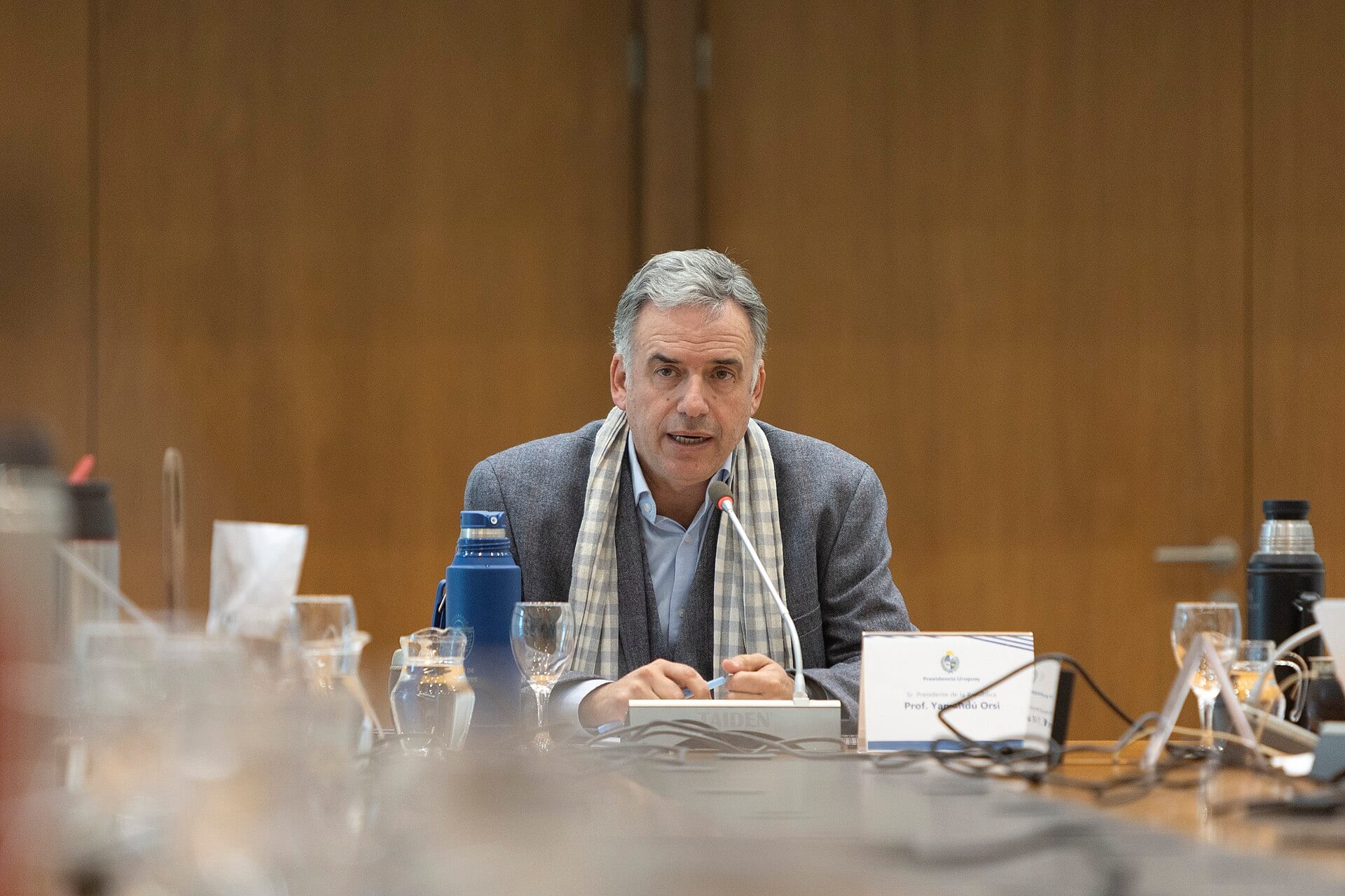 Un hombre de cabello gris y bufanda a cuadros habla frente a un micrófono en una mesa de reuniones.