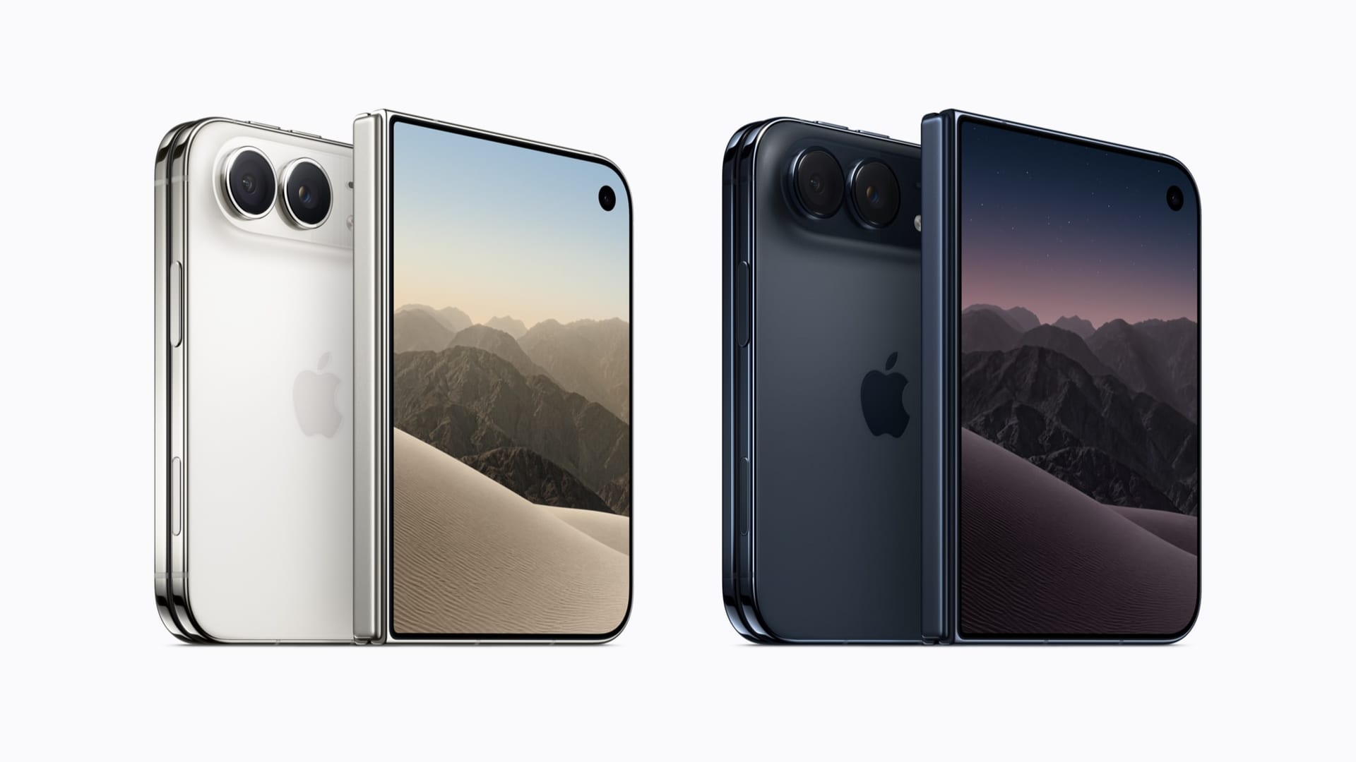 Dos iPhone Duo abiertos, uno blanco y otro azul oscuro, con la cámara trasera y la pantalla interior a la vista.