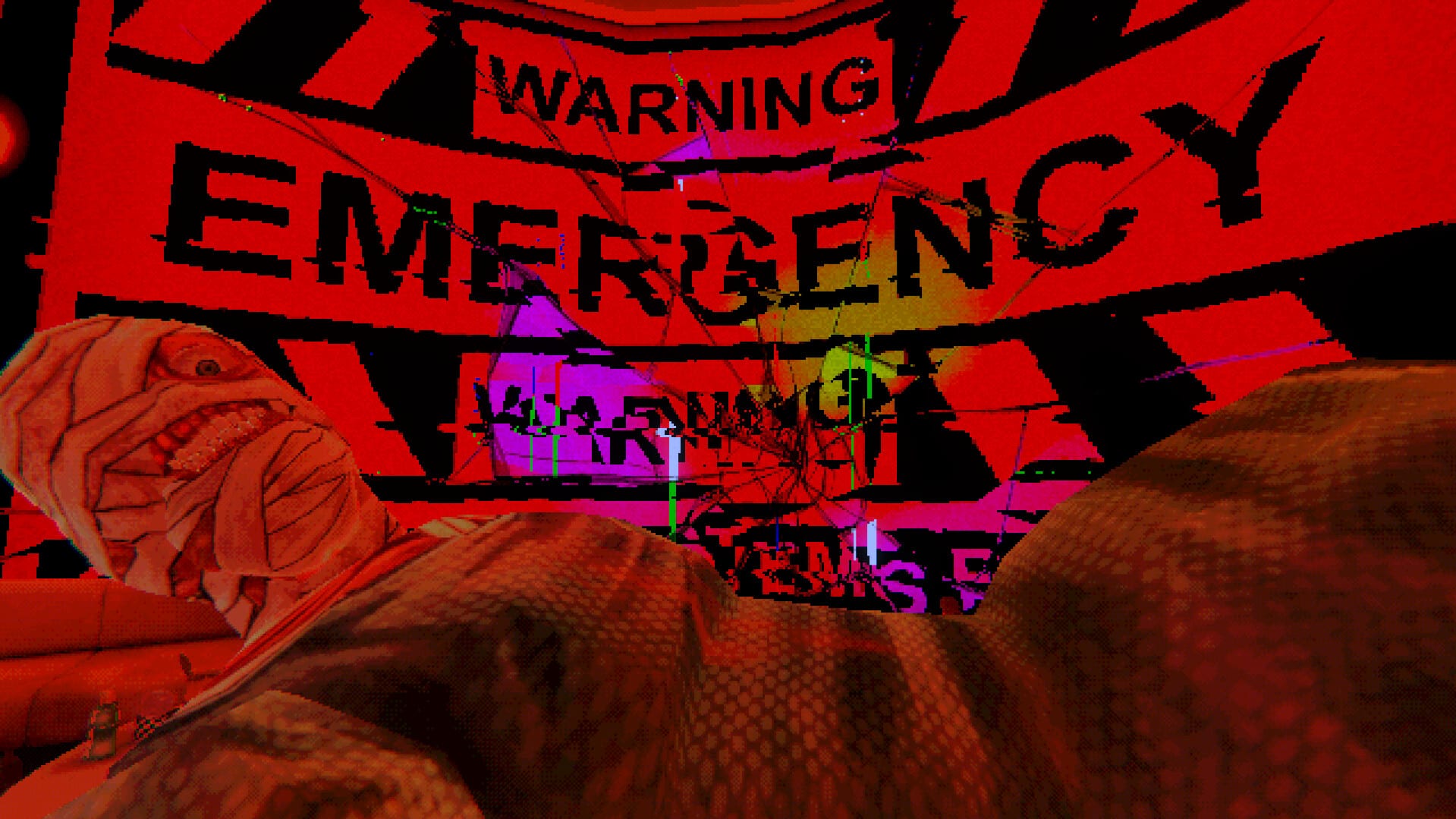Captura de Mouthwashing: letreros rojos de advertencia y emergencia en primera persona.