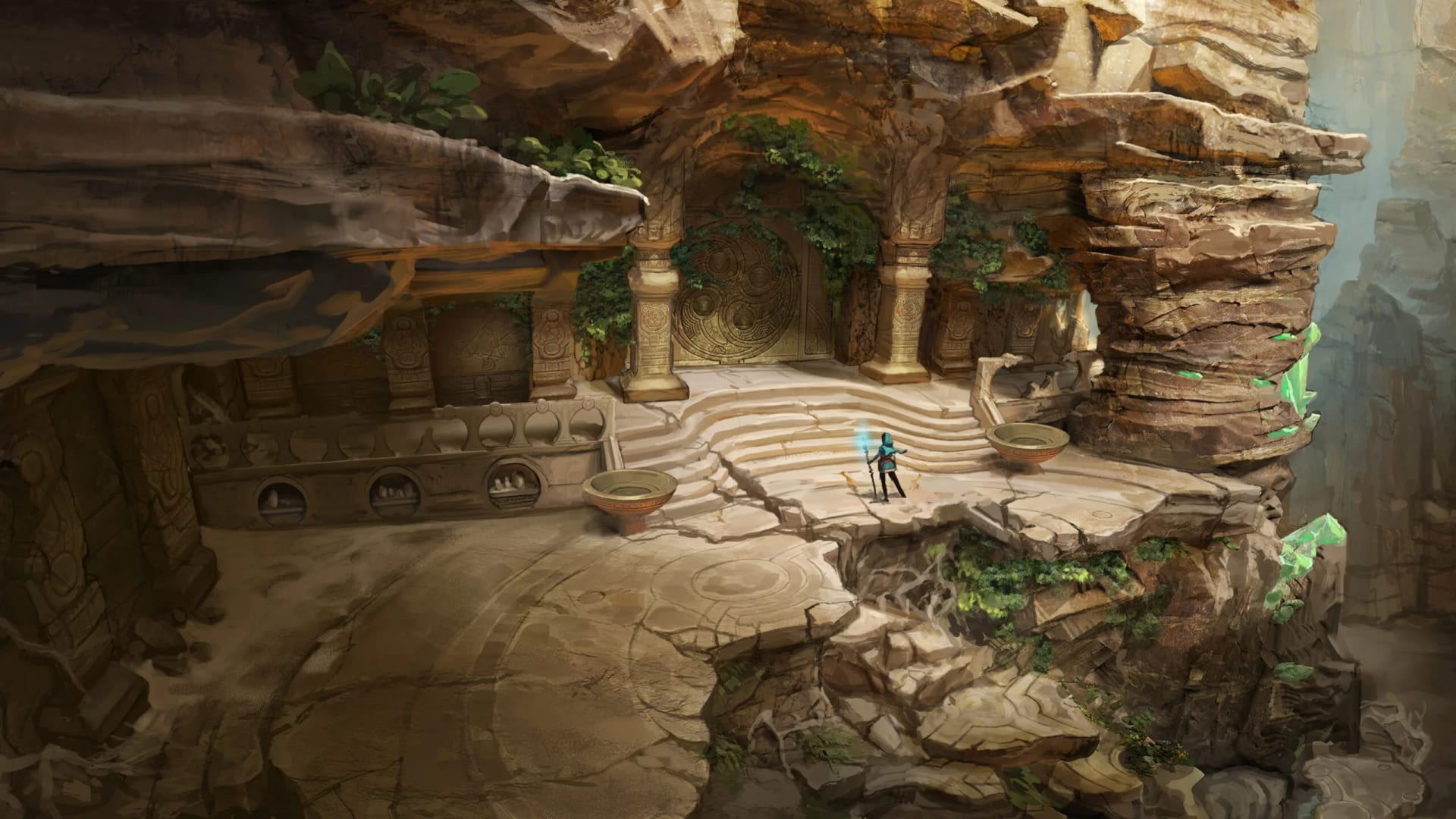 Concept art of a figure holding a glowing staff in front of a carved round stone door, between ivy-covered columns on a cliff.