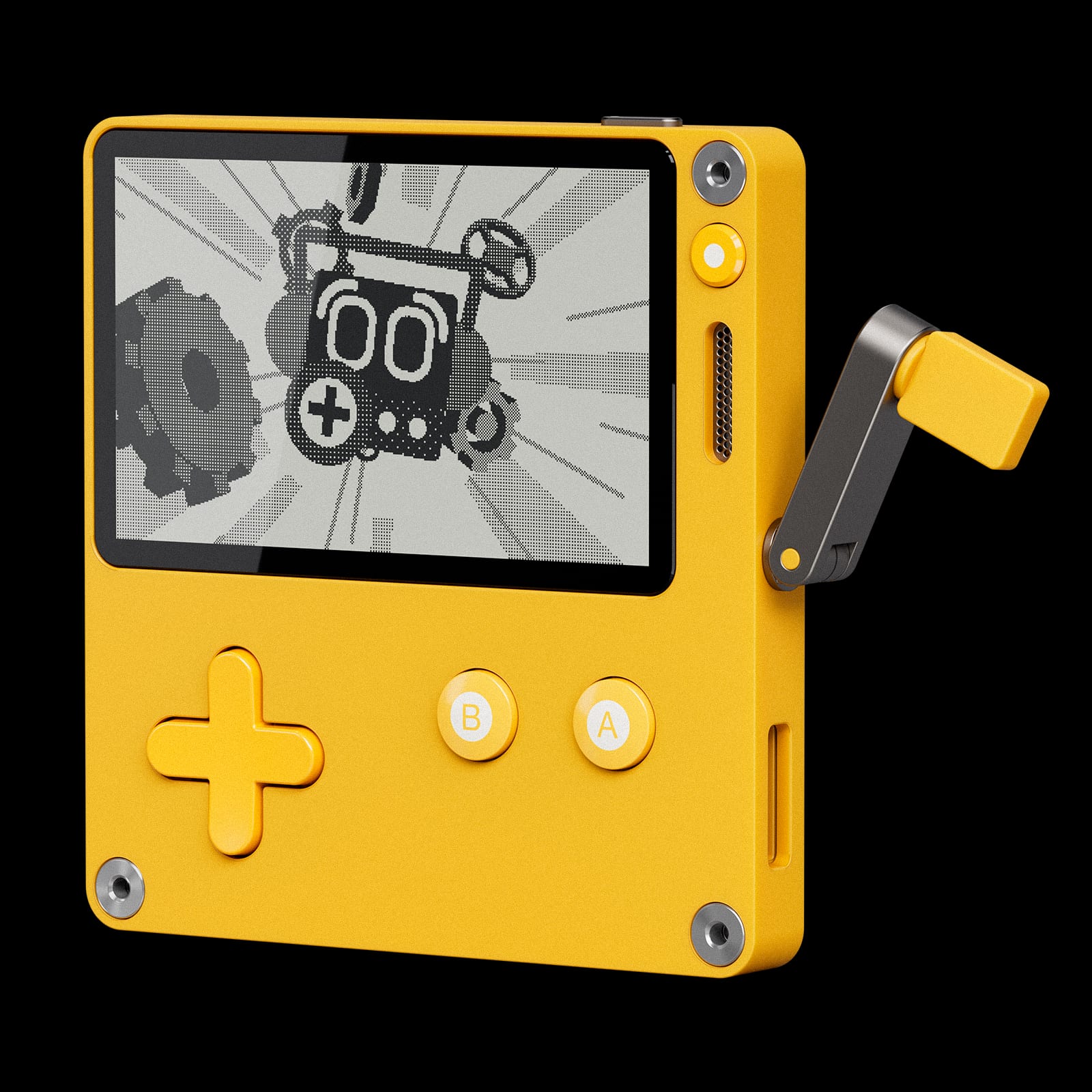 Yellow Playdate handheld with a black-and-white screen, A and B buttons, a directional pad and the metal crank on the side.
