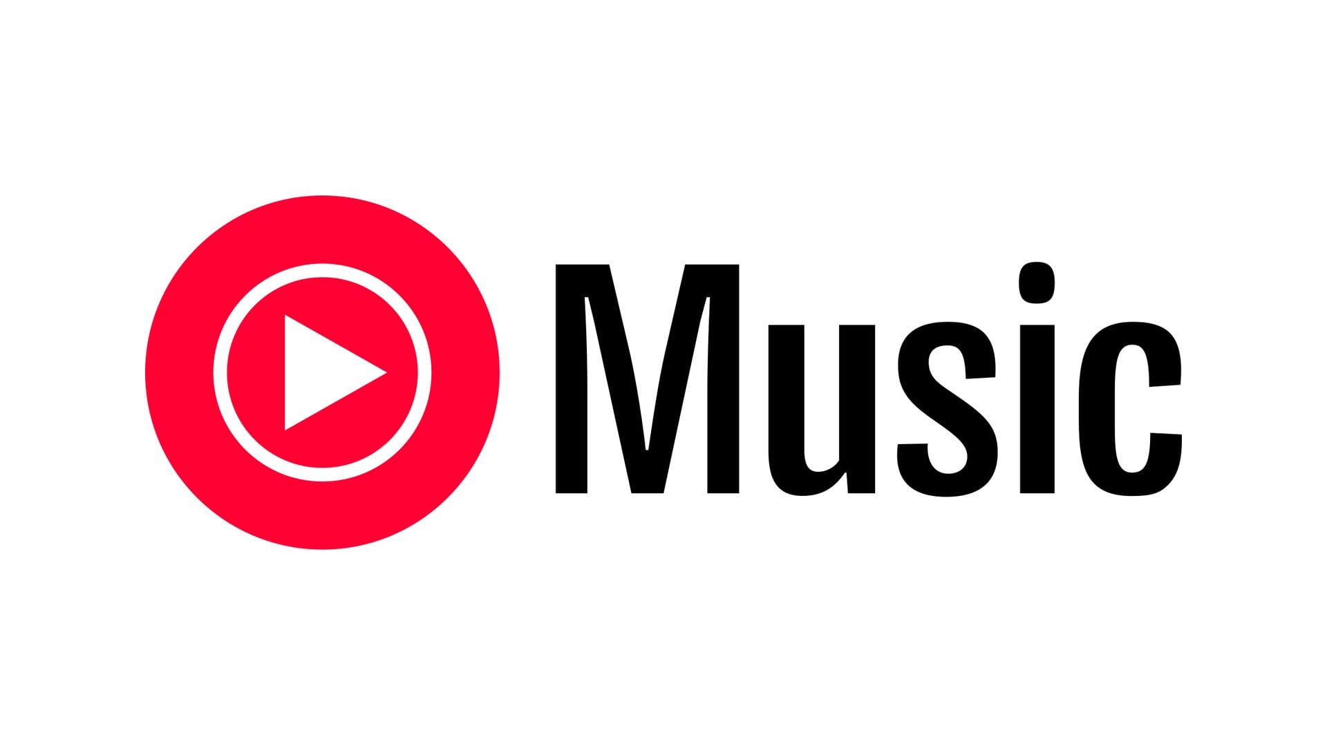 YouTube Music logo, a red circle with a white play triangle next to the word Music in black letters, on a white background.
