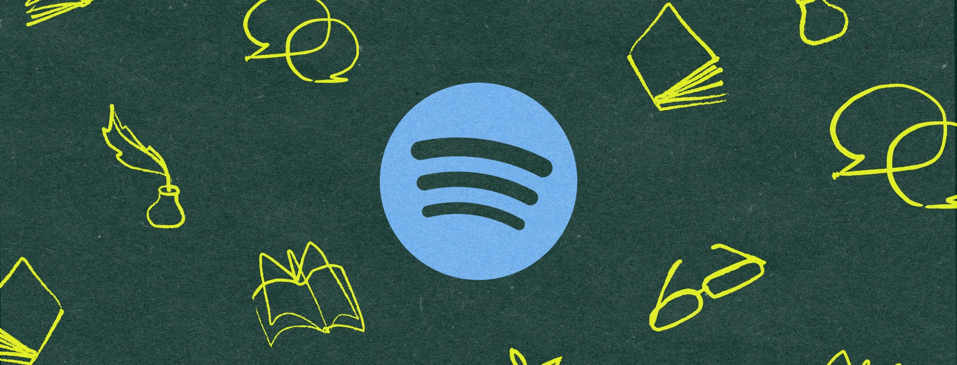 Logotipo de Spotify en un círculo azul sobre fondo verde oscuro, rodeado de dibujos amarillos de libros, globos de diálogo, una pluma y unos lentes.