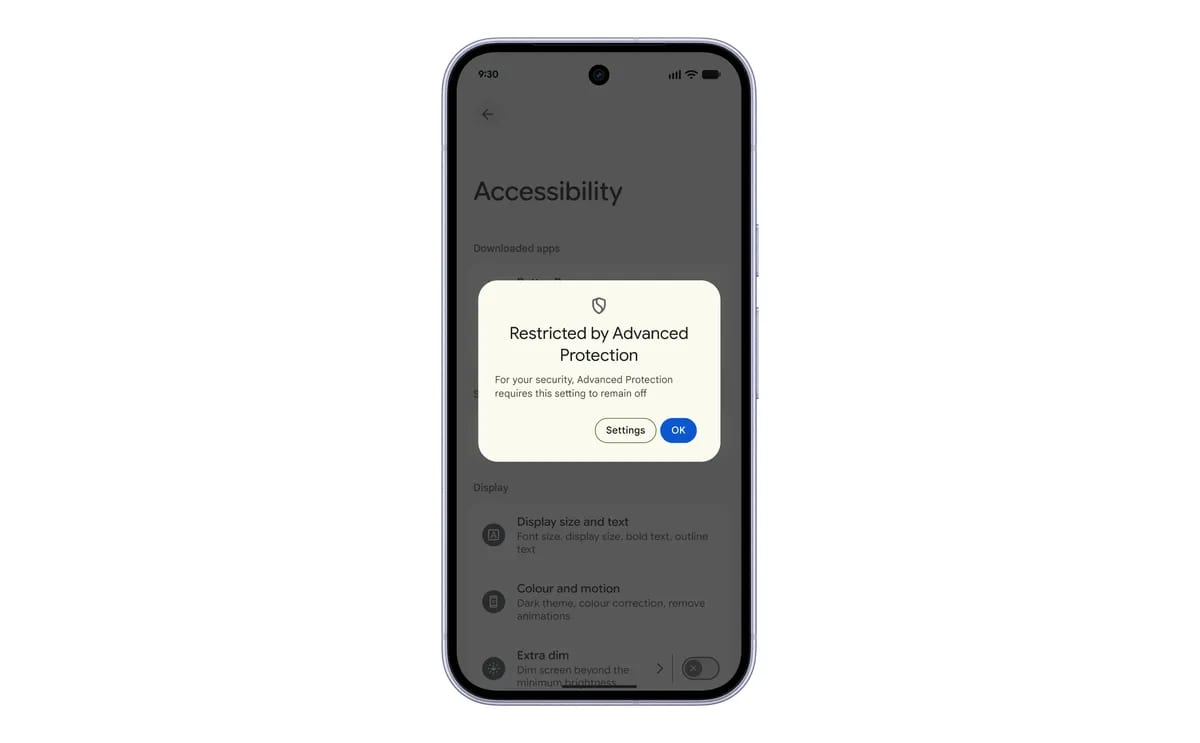 Pantalla de Accesibilidad de un Android con un cuadro de diálogo que dice "Restricted by Advanced Protection" y los botones Settings y OK.