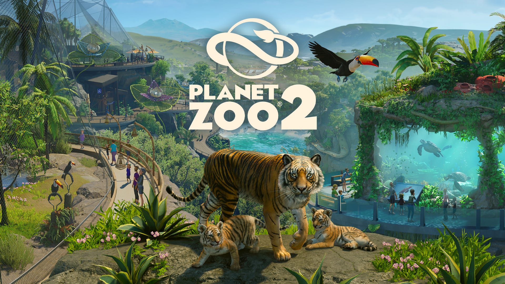 A tiger with two cubs on a rock, a toucan in flight and an aquarium with sea turtles beside a zoo path.