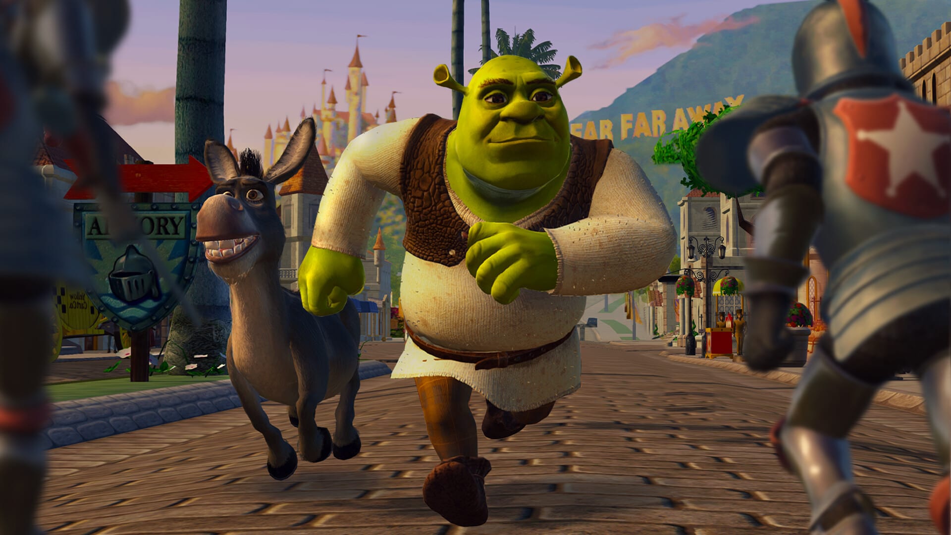 Captura de Shrek 2 Remastered: Shrek y Burro corren por una calle de Muy Muy Lejano.