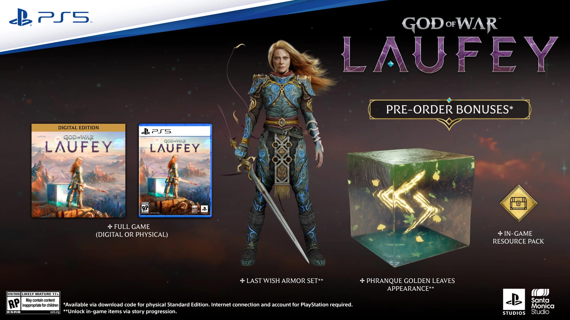 Infografía de la edición estándar de God of War Laufey con las portadas digital y física, el set de armadura Last Wish y el cubo de recursos del bono de preventa.