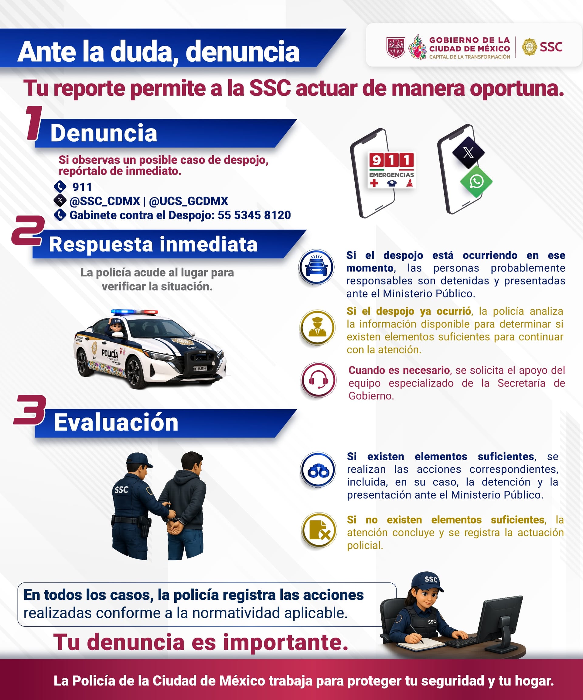 Infografía de la SSC con el lema Ante la duda, denuncia y tres pasos ante un posible despojo: denuncia, respuesta inmediata y evaluación, con el 911 y el teléfono del Gabinete contra el Despojo.