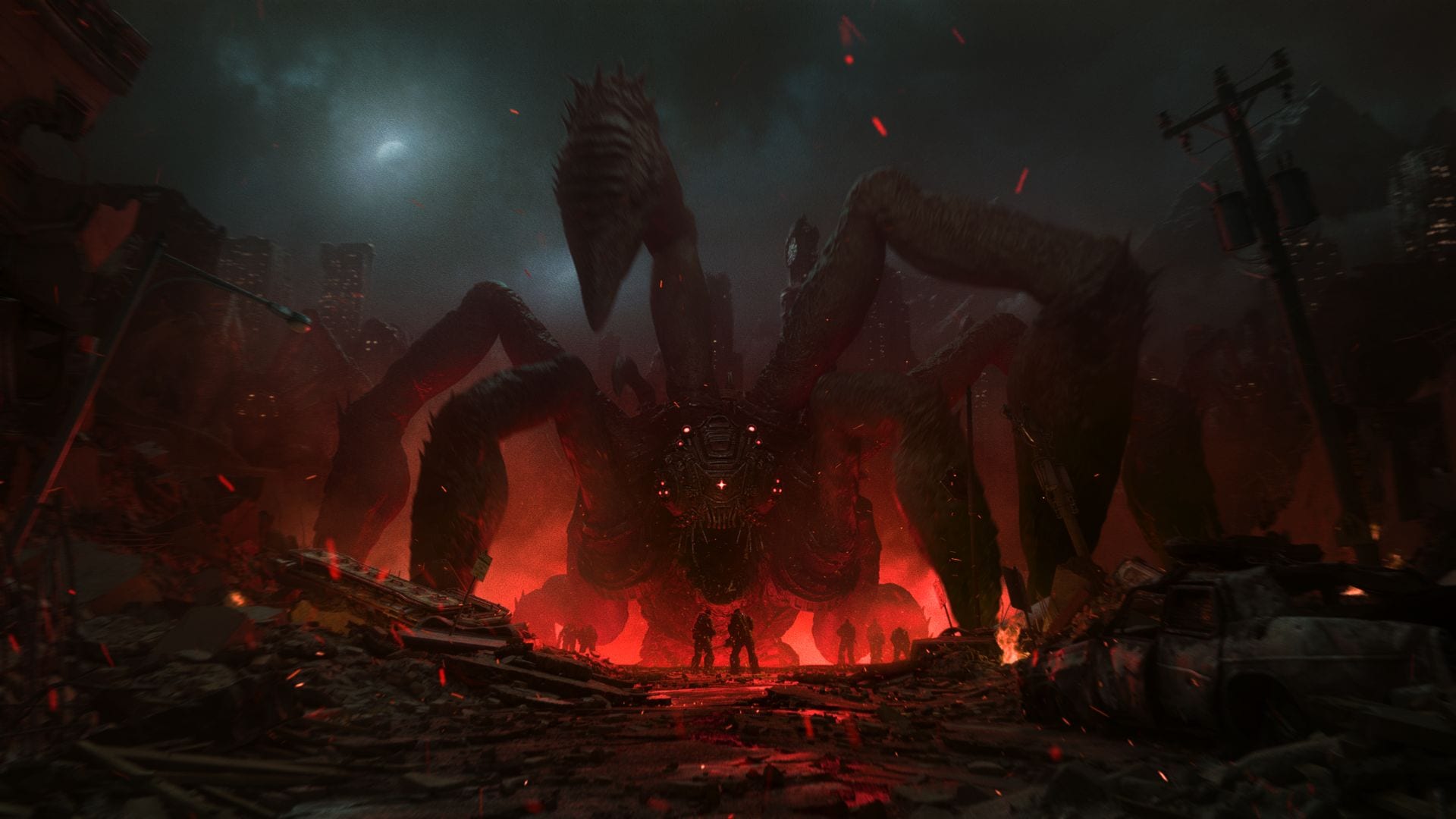 Soldados diminutos de espaldas frente a una criatura gigante de patas largas entre edificios en ruinas y un resplandor rojo.