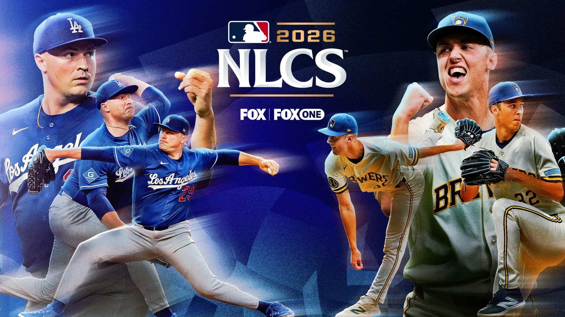 A graphic for the 2026 NLCS with three shots of a Dodgers pitcher on the left and a Brewers pitcher on the right, and the FOX logo.