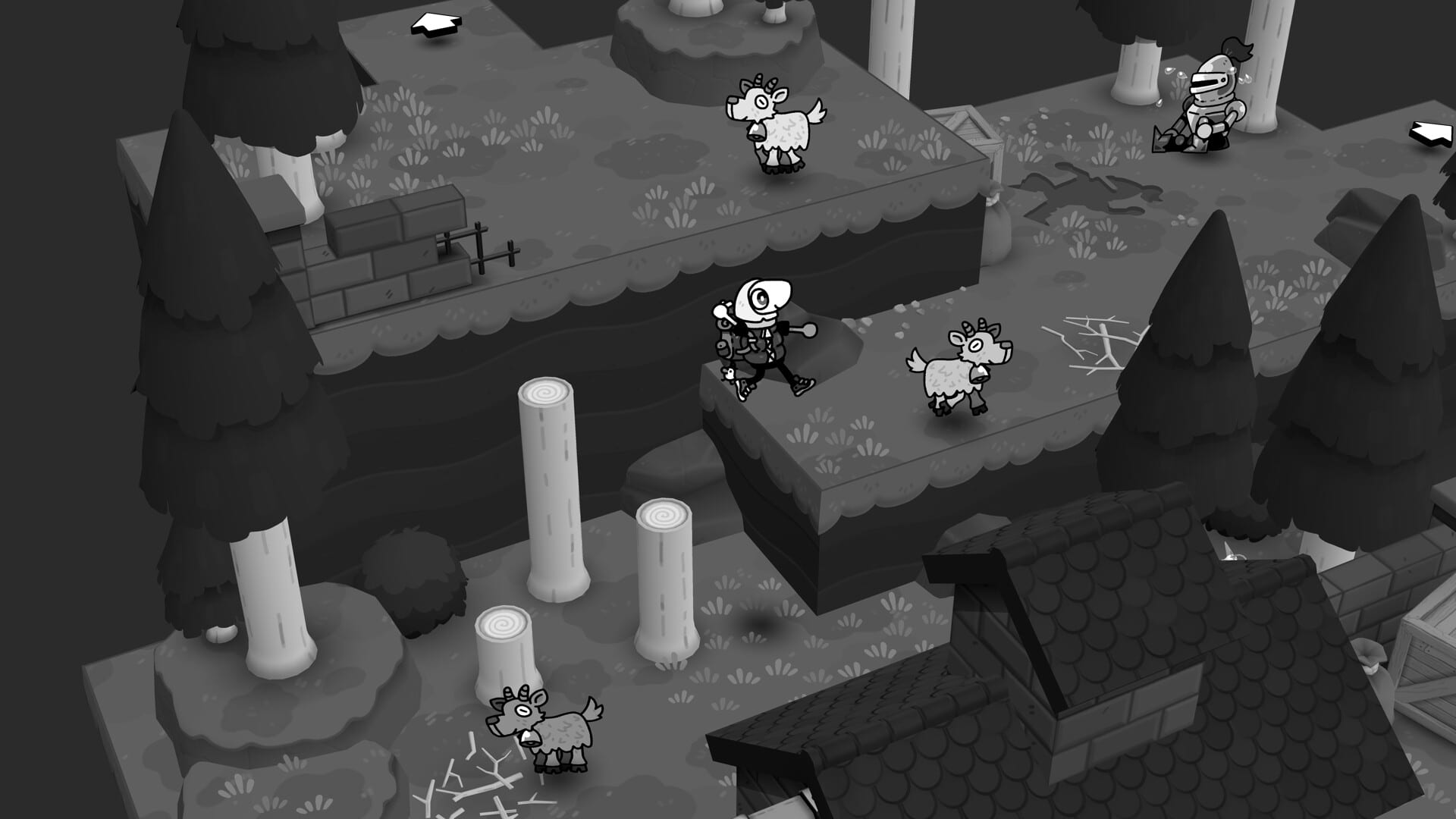 Un personaje con cámara camina por una plataforma flotante con cabras, árboles y un caballero sentado al fondo, en ilustración de trazo blanco y negro.
